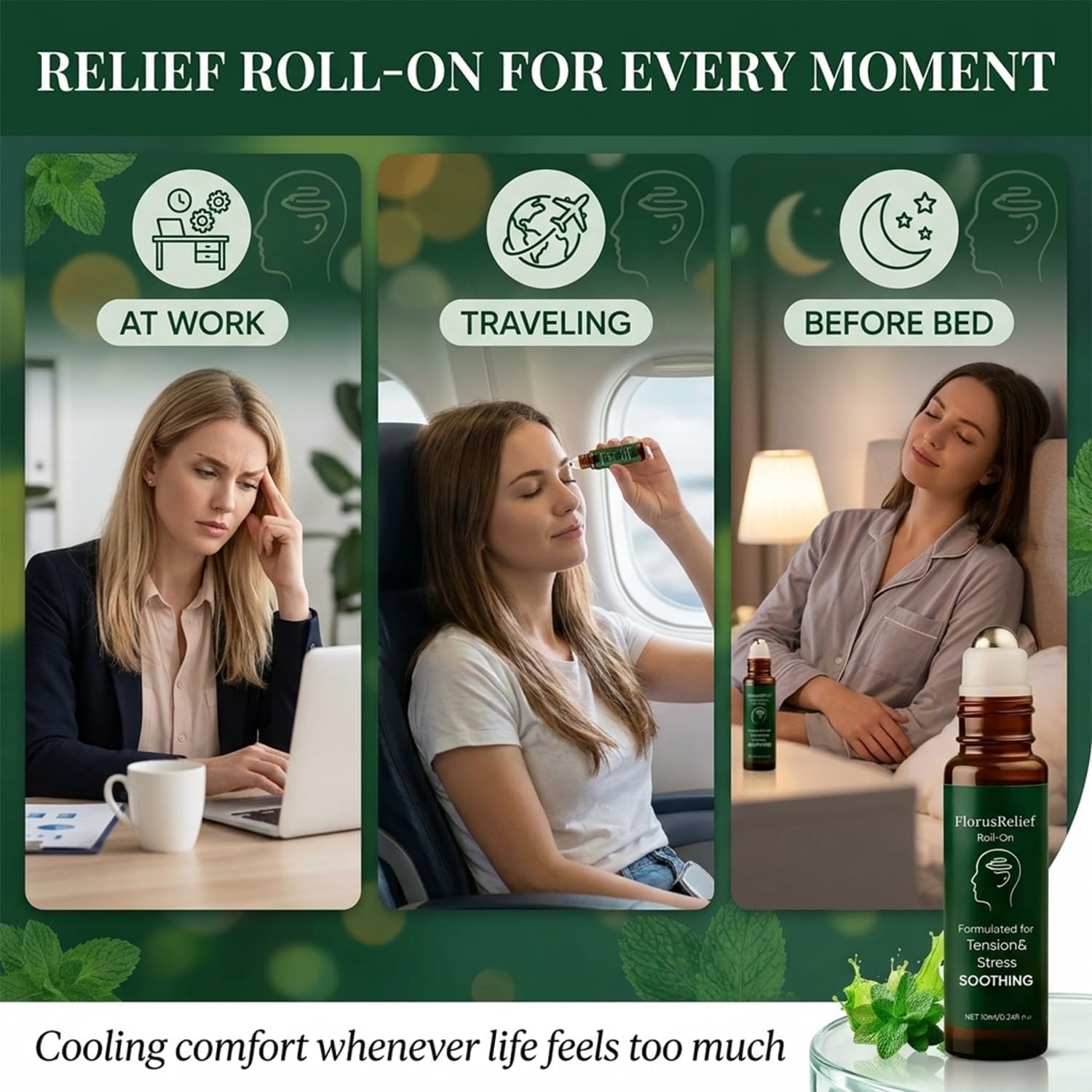 Florus Relief Roll on, Migraine Roll on with Magnesium Glycinate, Lavender, Peppermint, Chamomile for Headache Support
