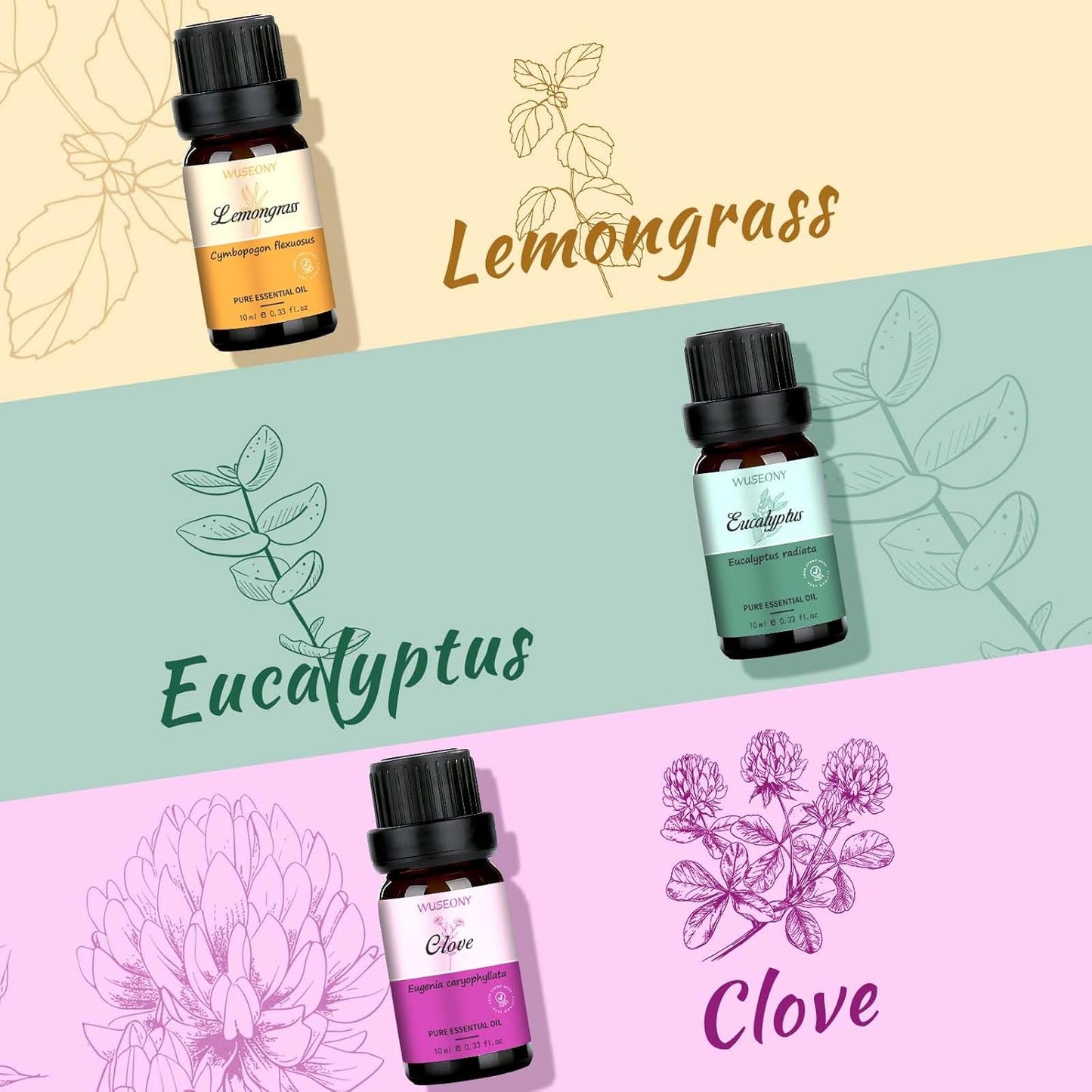 WUSEONY Top 6 Natural Aromatherapy Oils Gift Set, Essential Oils for Diffusers Home, Fragrance Oil Scent for Candle Soap Making - Lavender, Peppermint, Eucalyptus, Lemongrass, Sweet Orange, Clove
