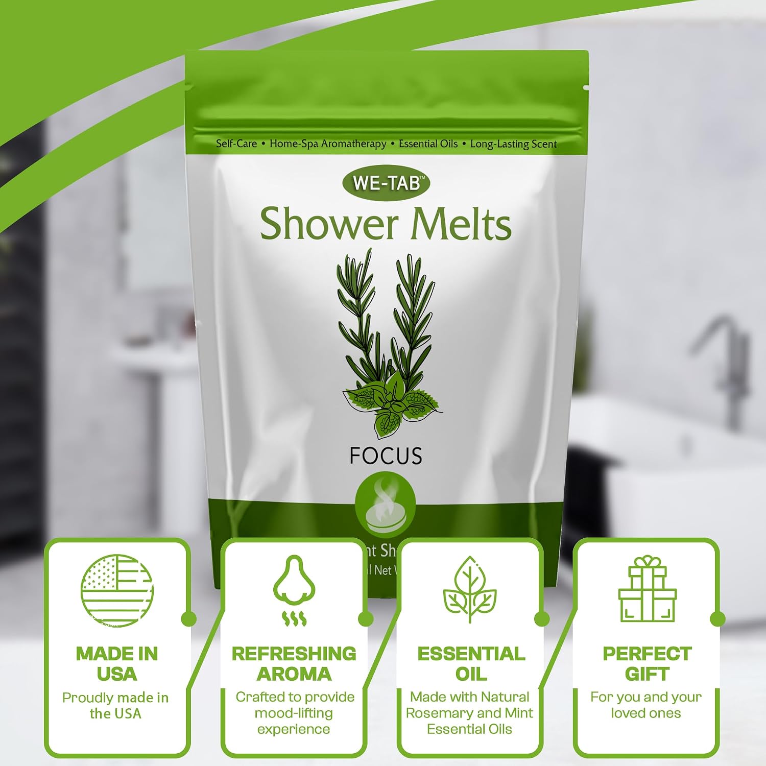 Shower Steamers 10-pk with Essential Oil Aromatherapy to Focus, Long Lasting Rosemary Mint Scent, No Stain or Artificial Dye, for Relaxation, Stress Relief & Self Care
