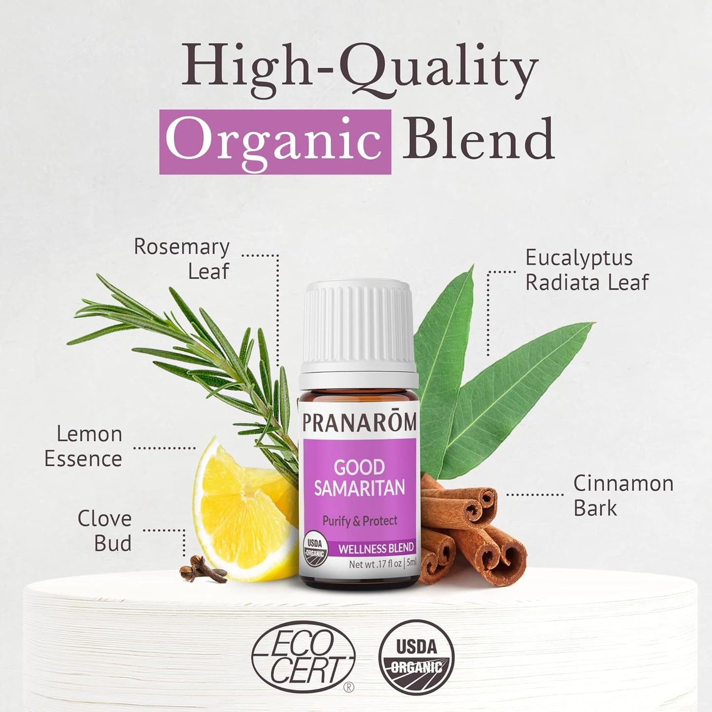 Pranarom - Good Samaritan Essential Oil Blend (5ml) - Cinnamon Leaf, Lemon, Rosemary, Eucalyptus, Clove Bud - 100% Pure Essential Oil for Diffusing and Cleaning | USDA and ECOCERT Certified Organic