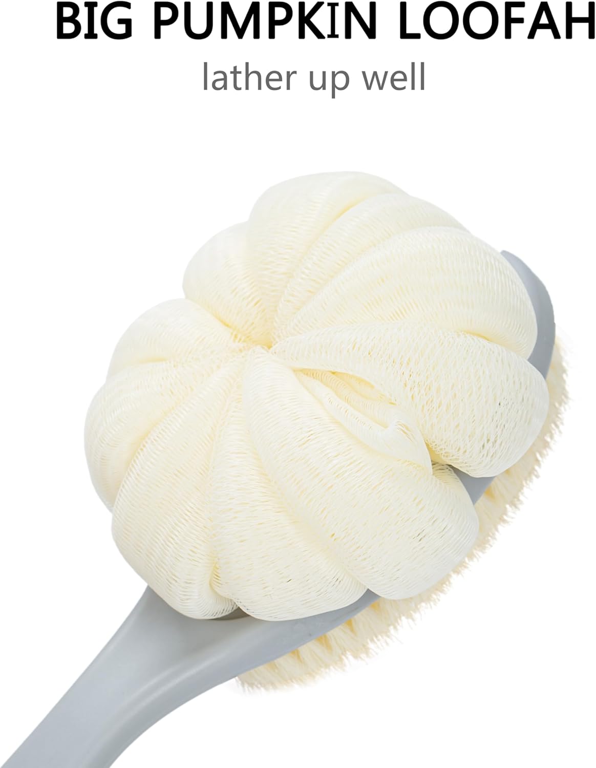 Shower Body Brush with Bristles and Large Pumpkin Loofah,Back Scrubber Bath Mesh Sponge with Anti-Slip Curved Long Handle for Skin Exfoliating,Massage Bristles for Wet or Dry,Men Women (Grey)