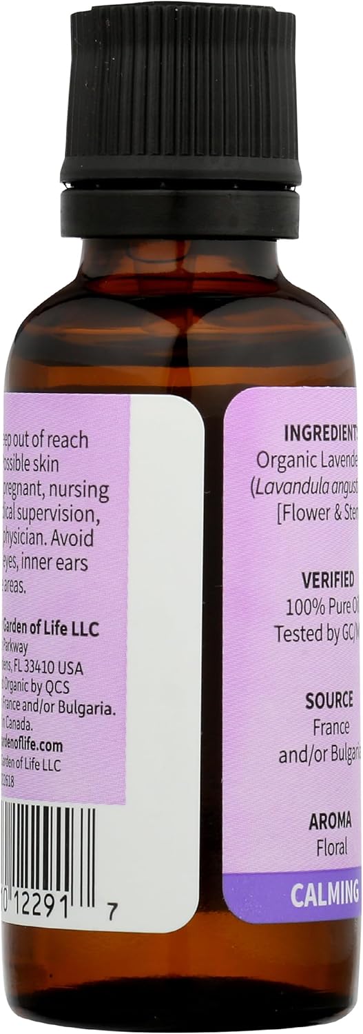 Garden of Life Essential Oil, Lavender 1 fl oz (30 mL), 100% USDA Organic & Pure, Clean, Undiluted & Non-GMO - for Diffuser, Aromatherapy, Meditation, Skincare, Sleep - Calming, Relaxing, Soothing