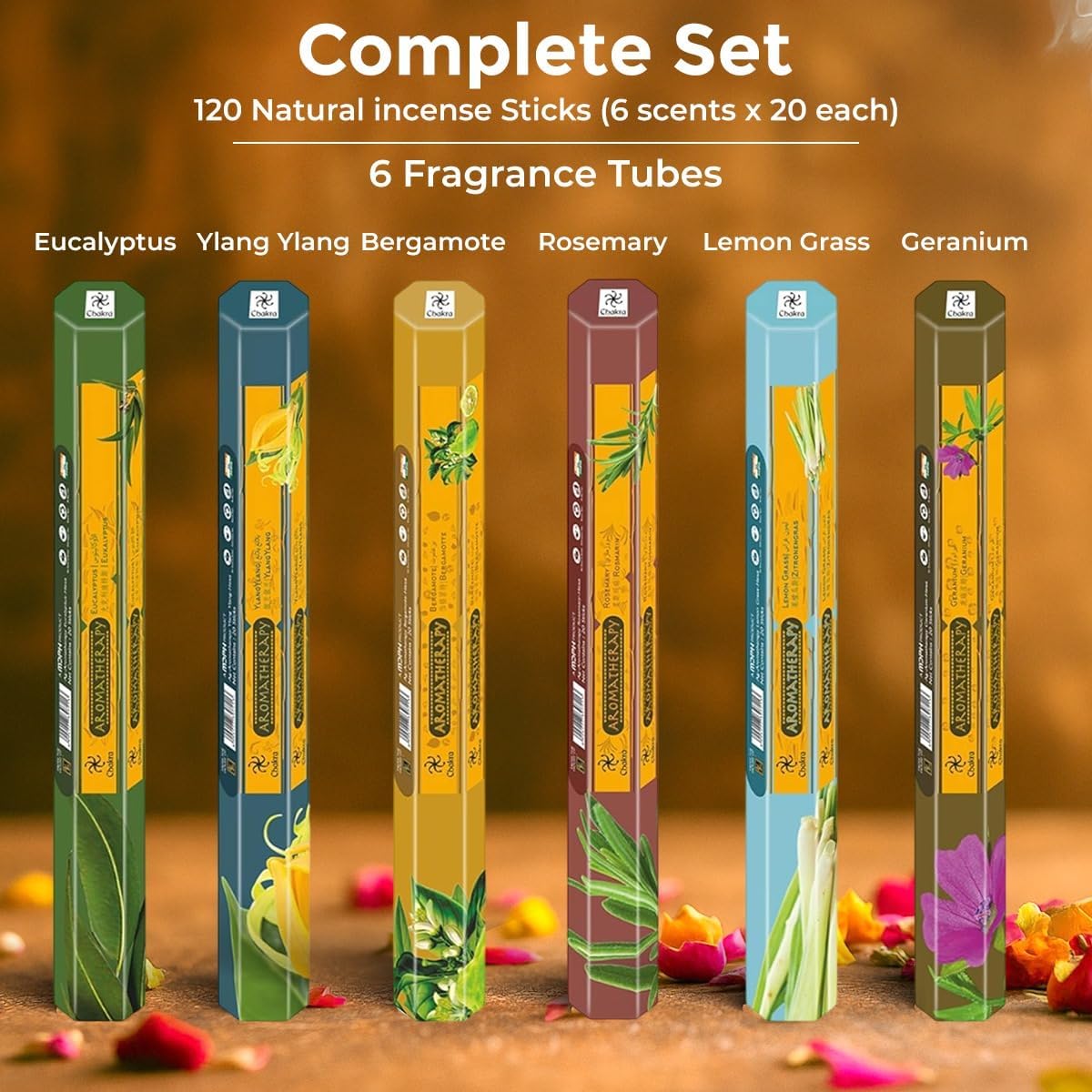 Aromatherapy Incense Gift Pack – 120 Natural Sticks (6 Boxes) – Relaxing, Stress Relief, Meditation, Refreshing, Sensuality & Energising Scents – Eucalyptus, Geranium & More | Chakra