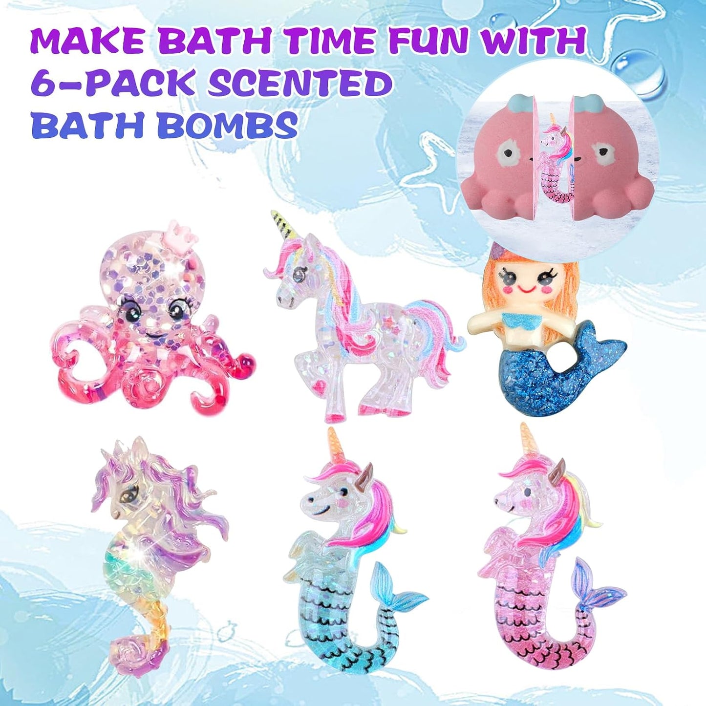 Bath Bombs for Kids Girls,Bath Toys for Kids, 6PCS XXL Mermaid Bath Bombs with Surprises - A Magical Bath Time Experience(Sea Animals)