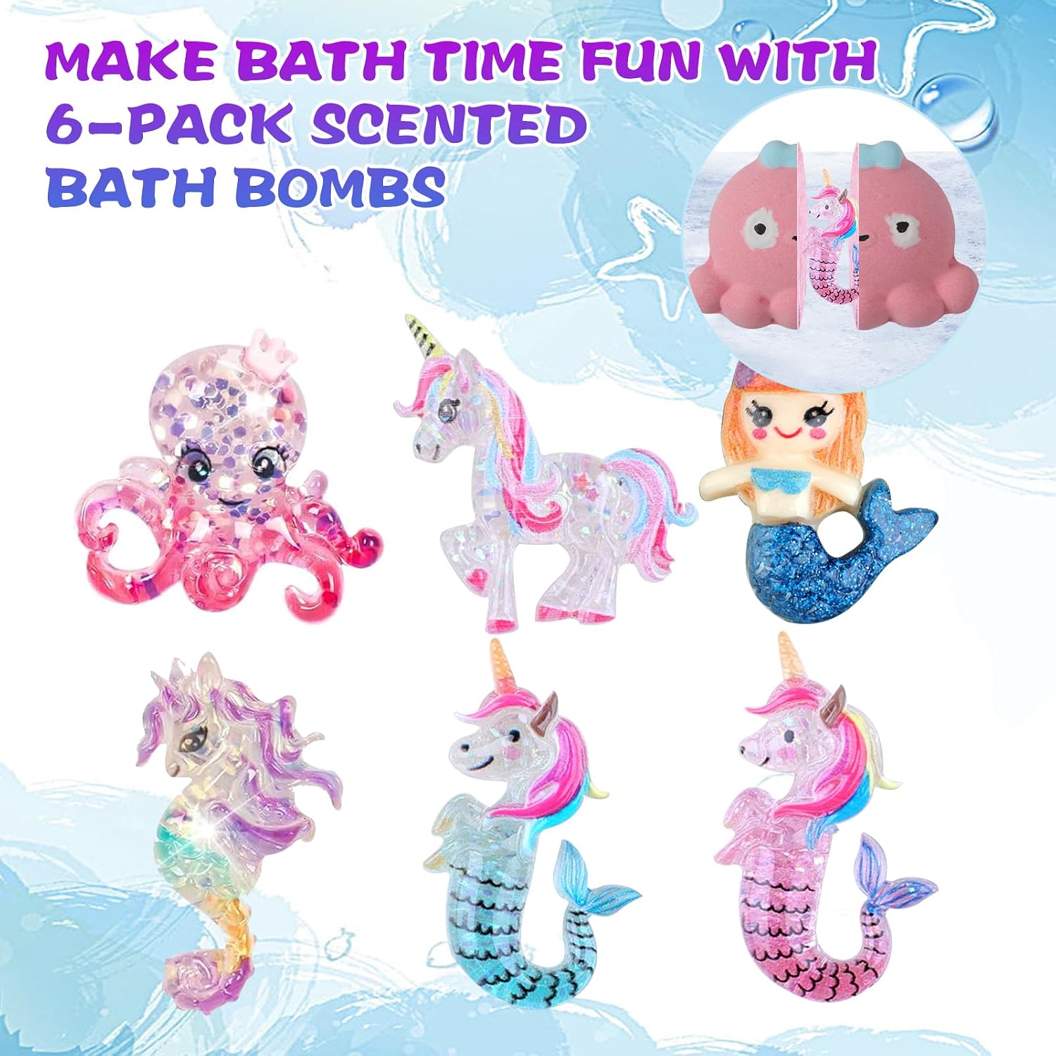 Bath Bombs for Kids Girls,Bath Toys for Kids, 6PCS XXL Mermaid Bath Bombs with Surprises - A Magical Bath Time Experience(Sea Animals)