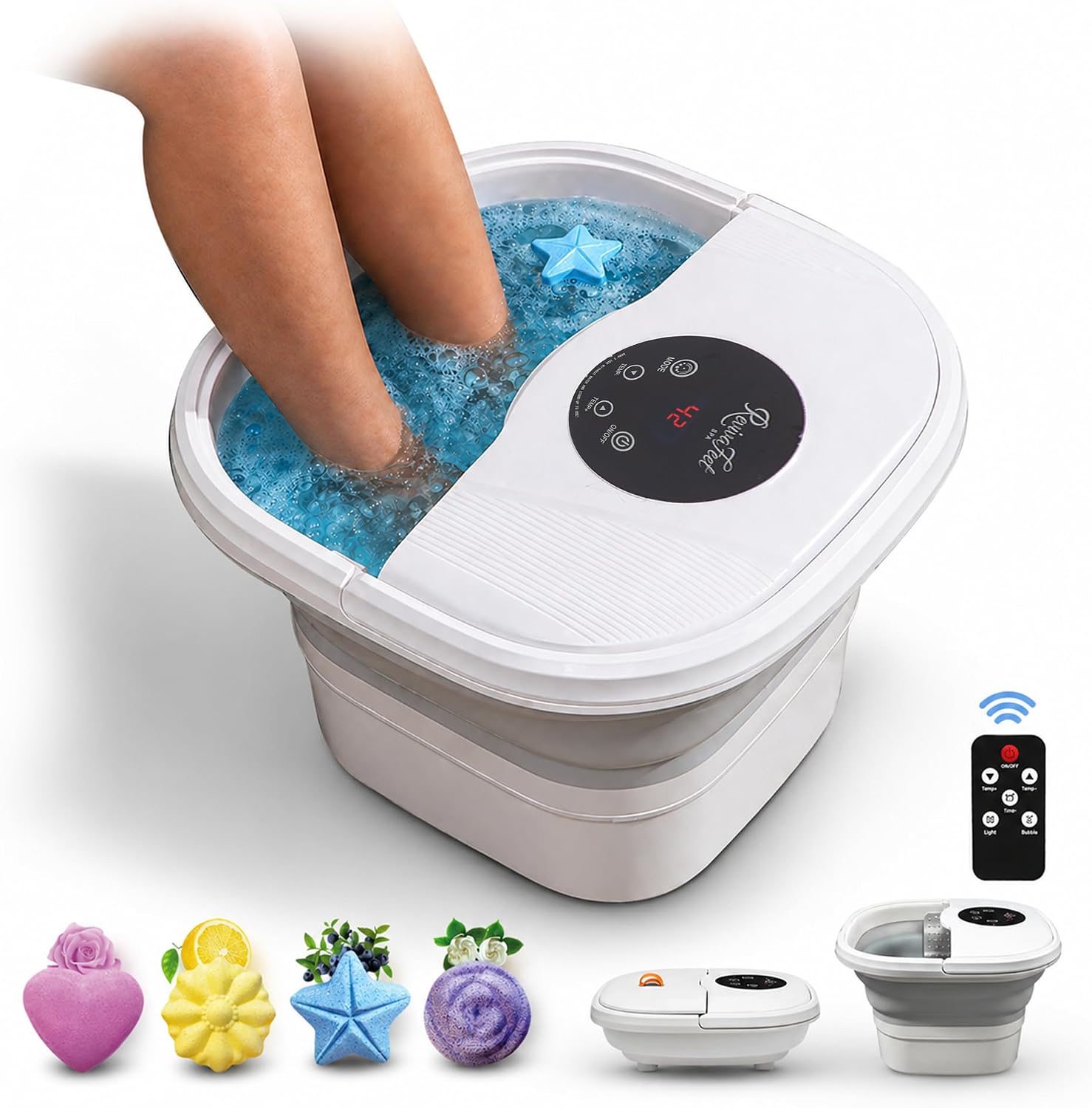 Collapsible Foot Spa Electric Rotary Massage, Heated Foot Bath with Bubbles and Temperature Control. Foot Bath Soak Tub with Remote, 16 Motorized Shiatsu Massage Balls & 16 Salt Bombs