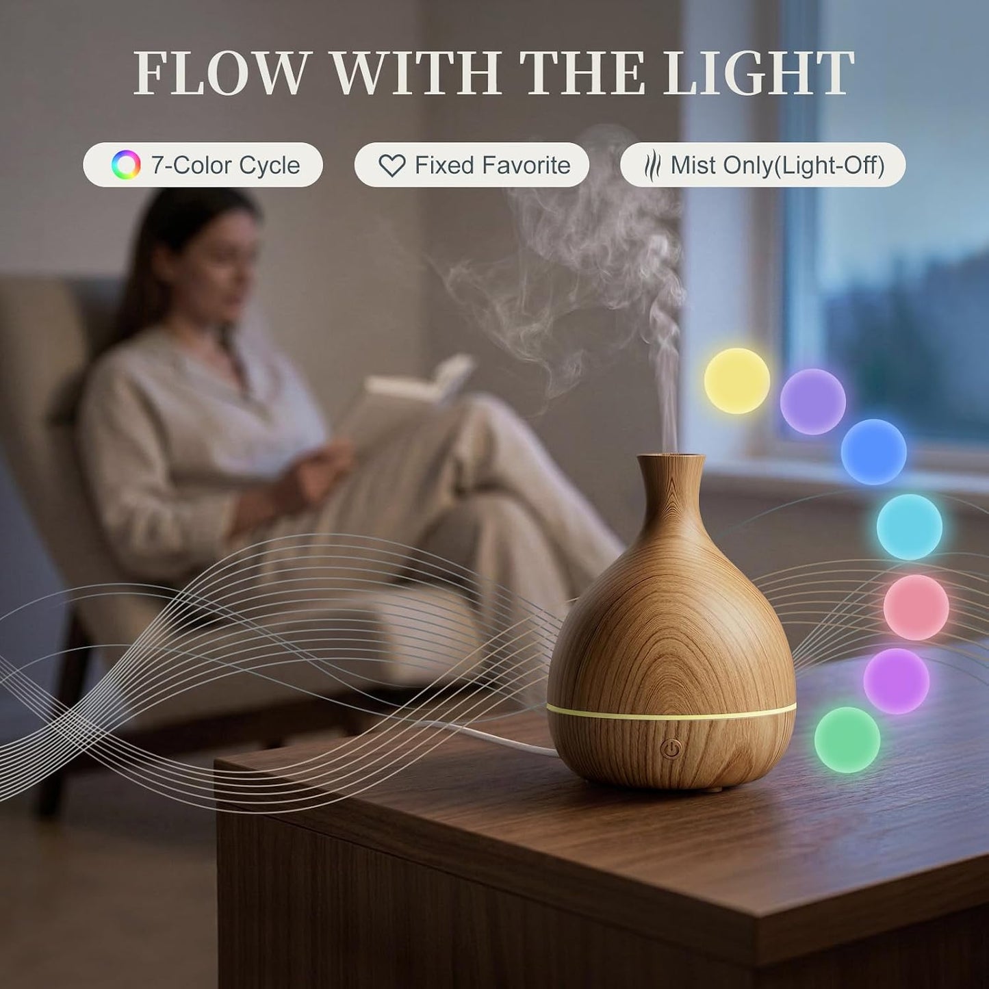 Essential Oil Diffuser with Adapter, 100ml Small Aromatherapy Scent Machine for Home & Office Desk, 7 Color LED Cool Mist Humidifier, Auto Shut-Off, Wood Grain