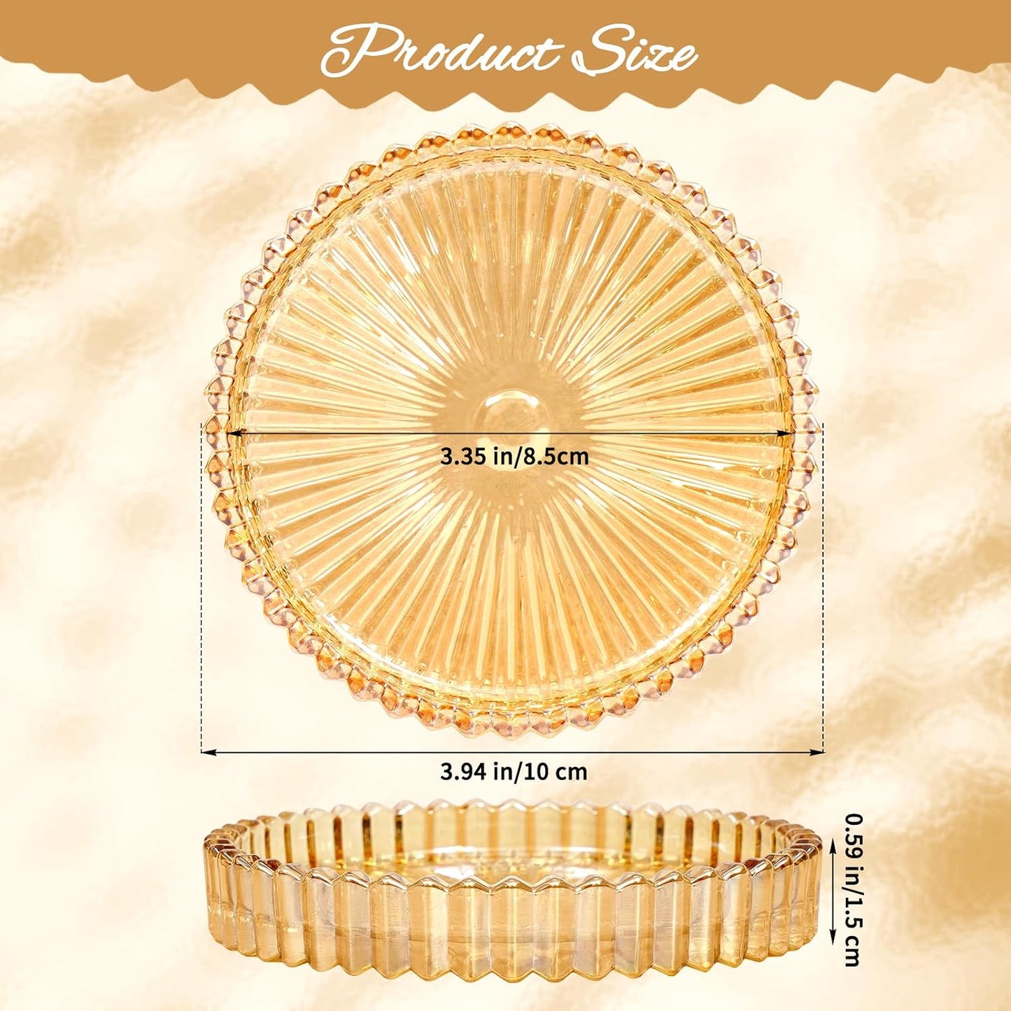 6 Pack 3.9 Inch Glass Pillar Candle Holder Plates, Round Gold Glass Plate Serrated Candle Stand, Candle Tray Plates for Wedding, Party, Dinning, Table Centerpiece and Home Decor