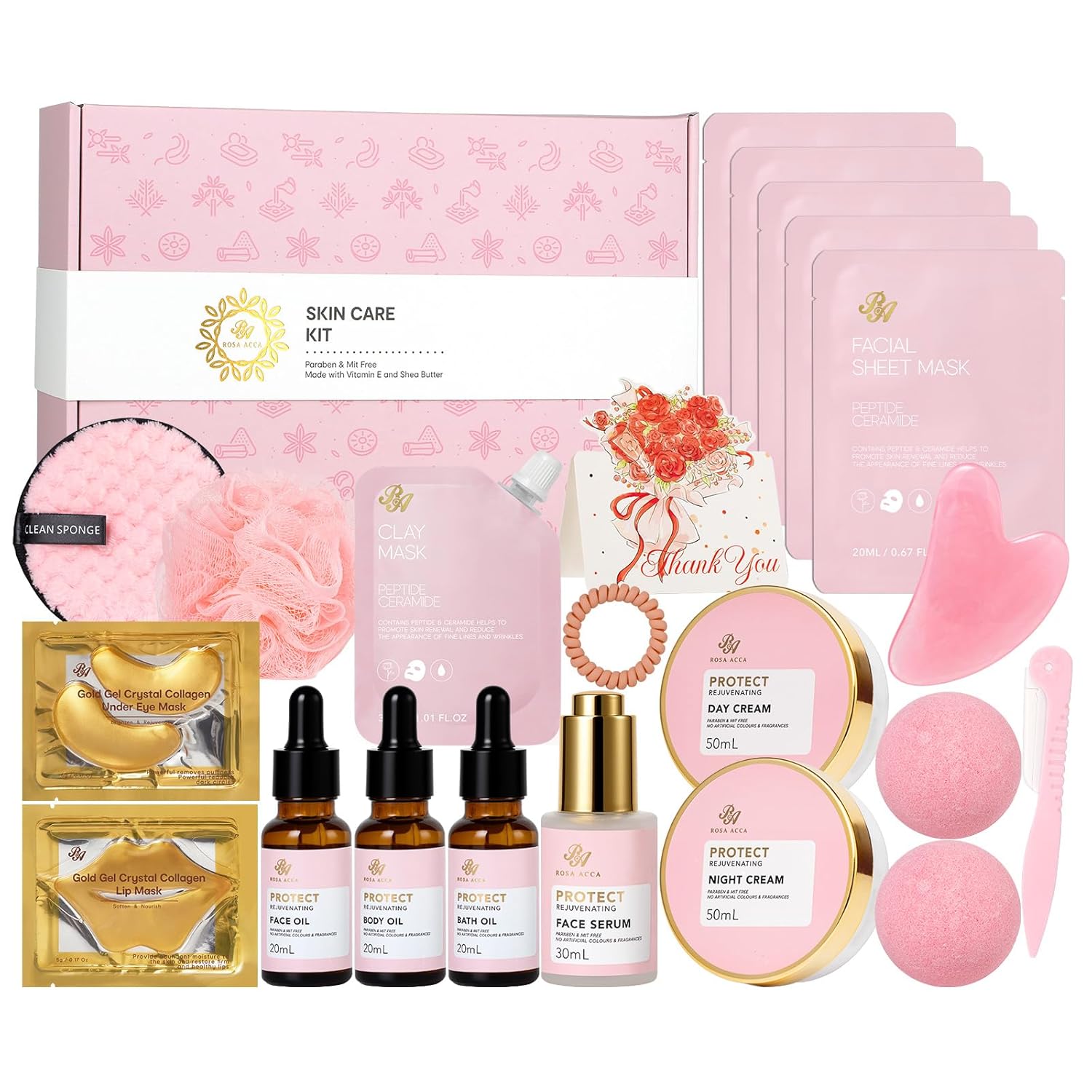 Mother's Day Gifts for Mom, Rose 23 Pcs Facial Skin Care Set, Bath and Body Gifts Basket Set for Women, Home Spa Set, Self-Care Set, Face Oil, Birthday, Christmas, Valentines, Girlfriend, Anniversary