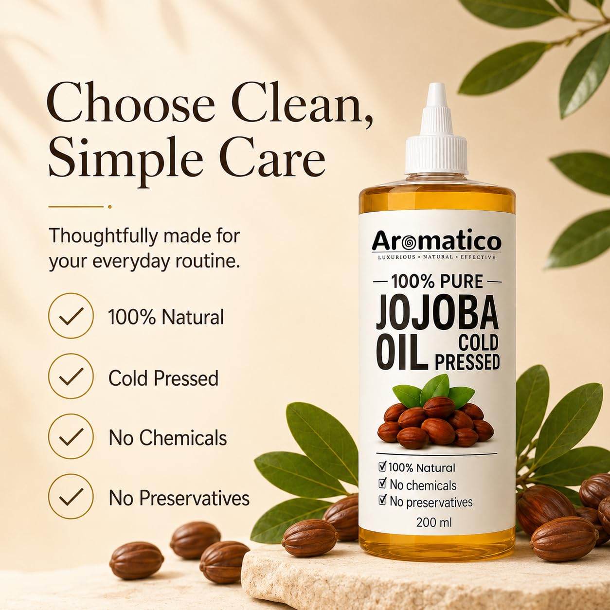 Aromatico 100% Pure Cold Pressed Jojoba Oil – 7 Fl Oz | Natural Hair, Face & Body Oil – Lightweight Moisturizing Carrier Oil for Dry Scalp, Skin Care, Beard, Cuticles & Massage
