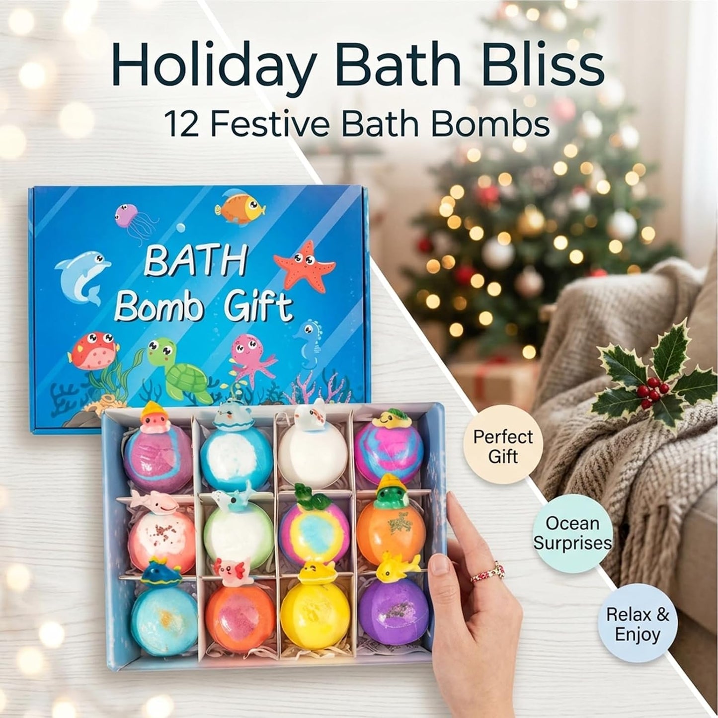 Kids Bath Bombs with Toys Inside, 12PCS Ocean Surprise Series Fizzy Bath Balls, Natural Vegan Essential Oils, Skin Moisturizing Spa Gift Set for Toddler Boys Girls Kids Children Baby