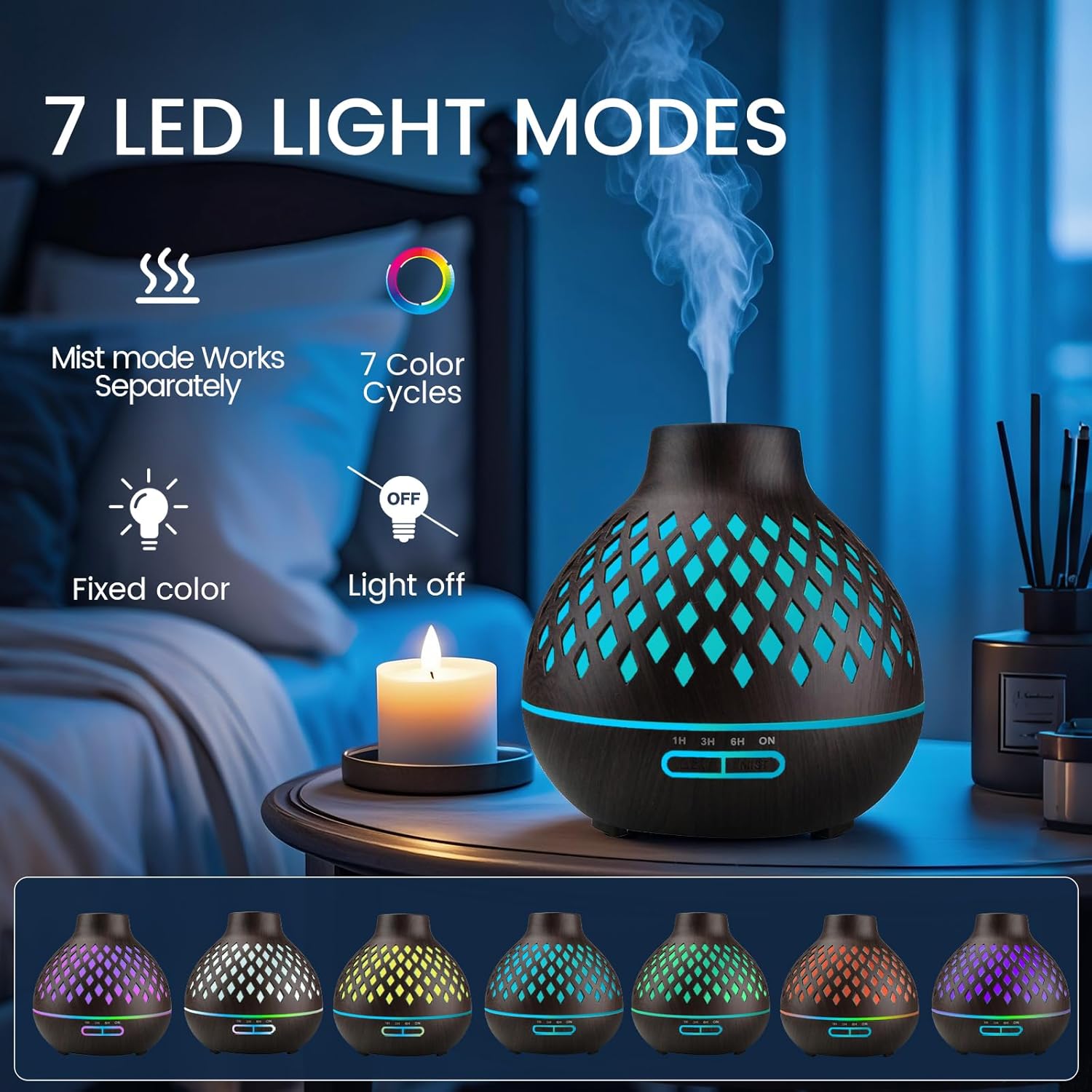 Aeshory Essential Oil Diffuser & 12 Essential Oils Set, 550ML Aromatherapy Diffuser for Home, Ultrasonic Cool Mist Humidifier with Remote Control 4 Timer 7 Color LED Light, Waterless Auto Off, Dark