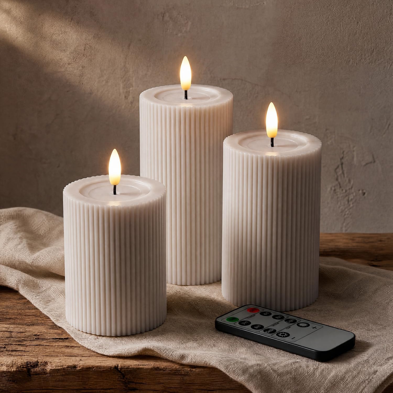 Fluted Ribbed LED Pillar Candles, Cream Beige, with Reflective Melted-Wax Effect – Flickering Flame, Remote, Dimmable, Flameless, Battery Operated, Home & Wedding Decor (Set of 3)