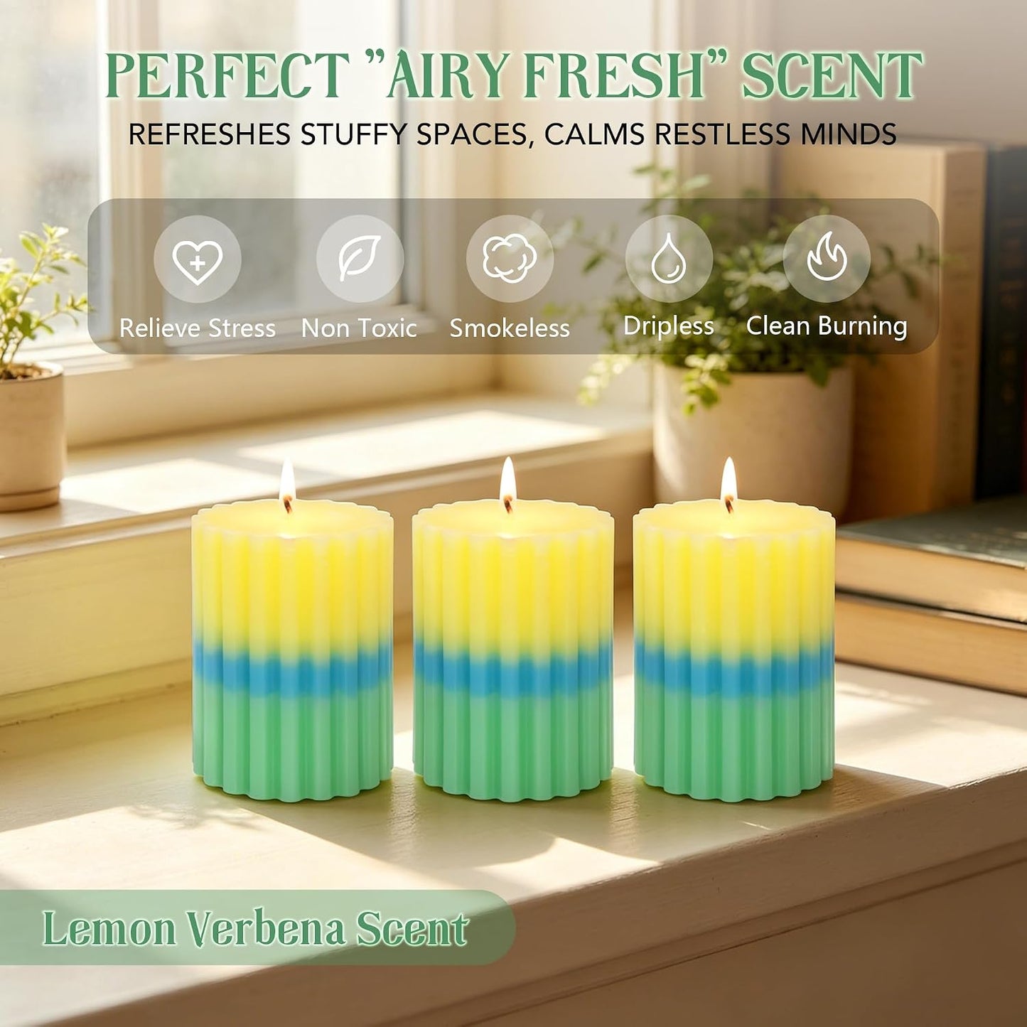 Lemon Verbena Scented Candles, Yellow Blue Green Ombre Ribbed Pillar Candles, 3"x4" Set of 3, Cotton Core Paraffin Wax, 50H+ Long Burning Time|1PC Aromatherapy Candle, Home Bathroom Living Room Decor