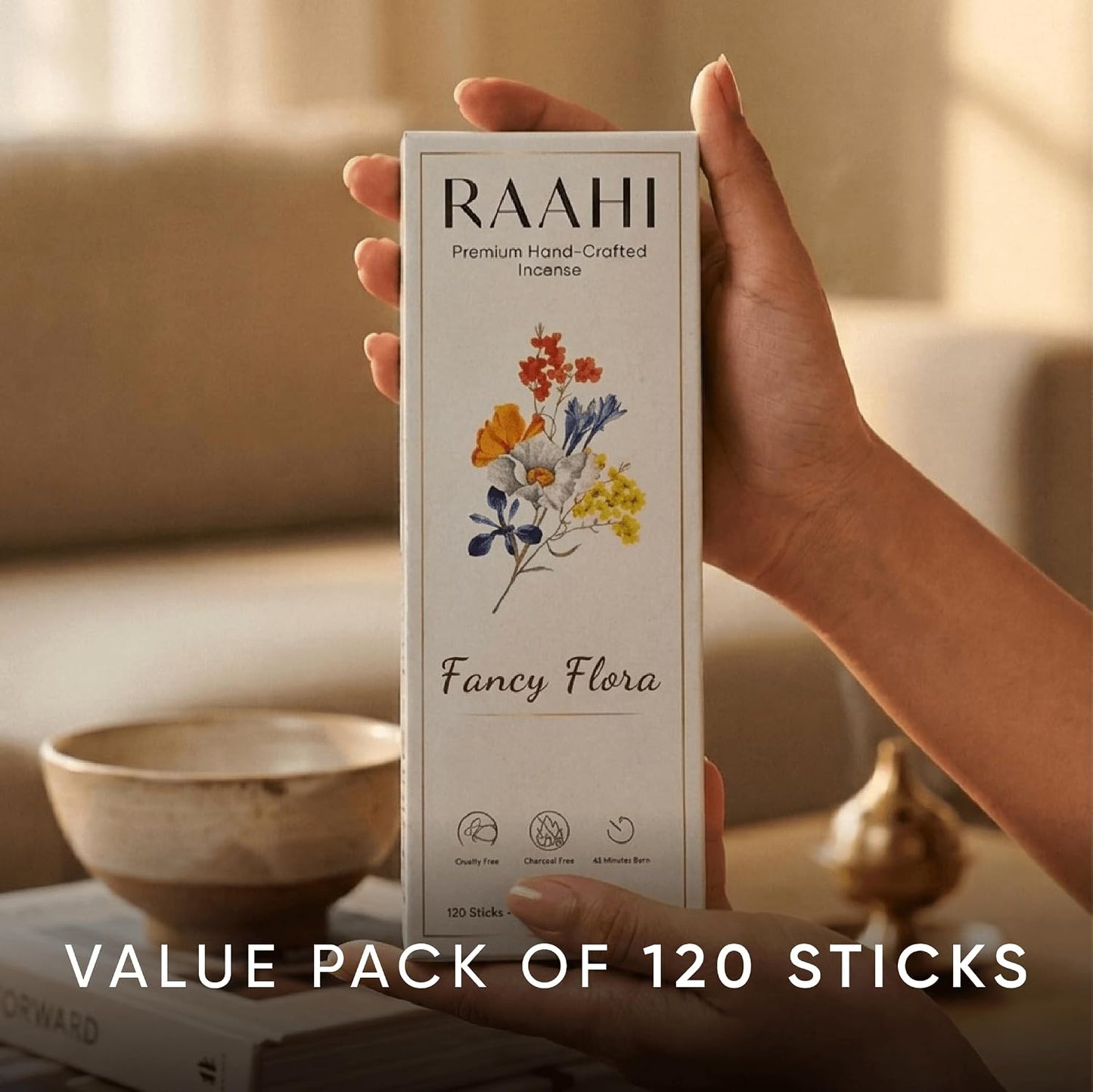 RAAHI Fancy Flora Incense Sticks with Holder, 120 Count, Handcrafted Scented Incense for Home Fragrance, Meditation, Yoga and Room Ambiance