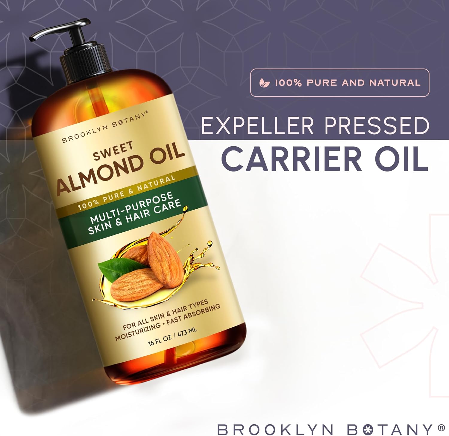 Brooklyn Botany Sweet Almond Oil | 16 Fl Oz | Hair | Face | Body | 100% Pure and Natural | Carrier Oil | Aromatherapy | Massage | Ayurvedic Hair Care | Hexane-Free