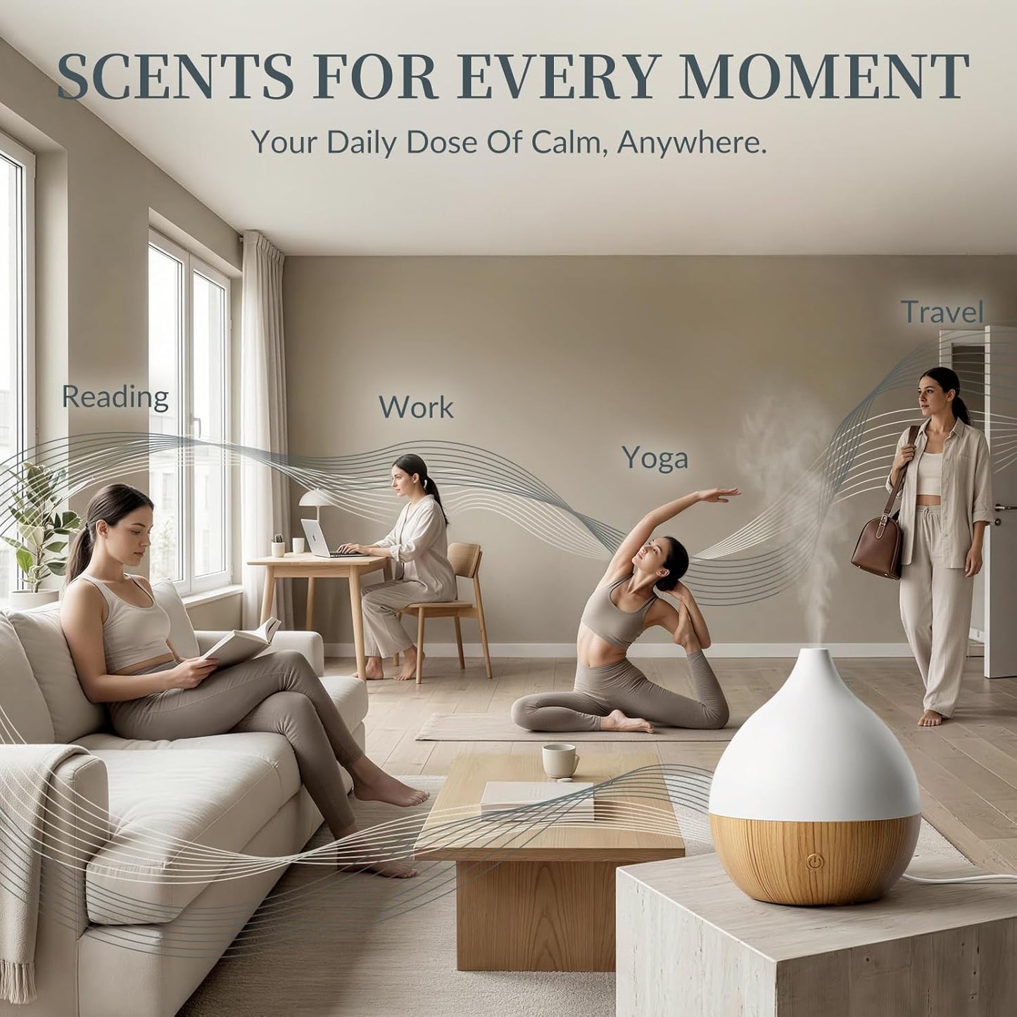 Essential Oil Diffuser with Adapter, 100ml Small Aromatherapy Scent Machine for Home & Office Desk, 7 Color LED Cool Mist Humidifier, Auto Shut-Off, Classic Teardrop White