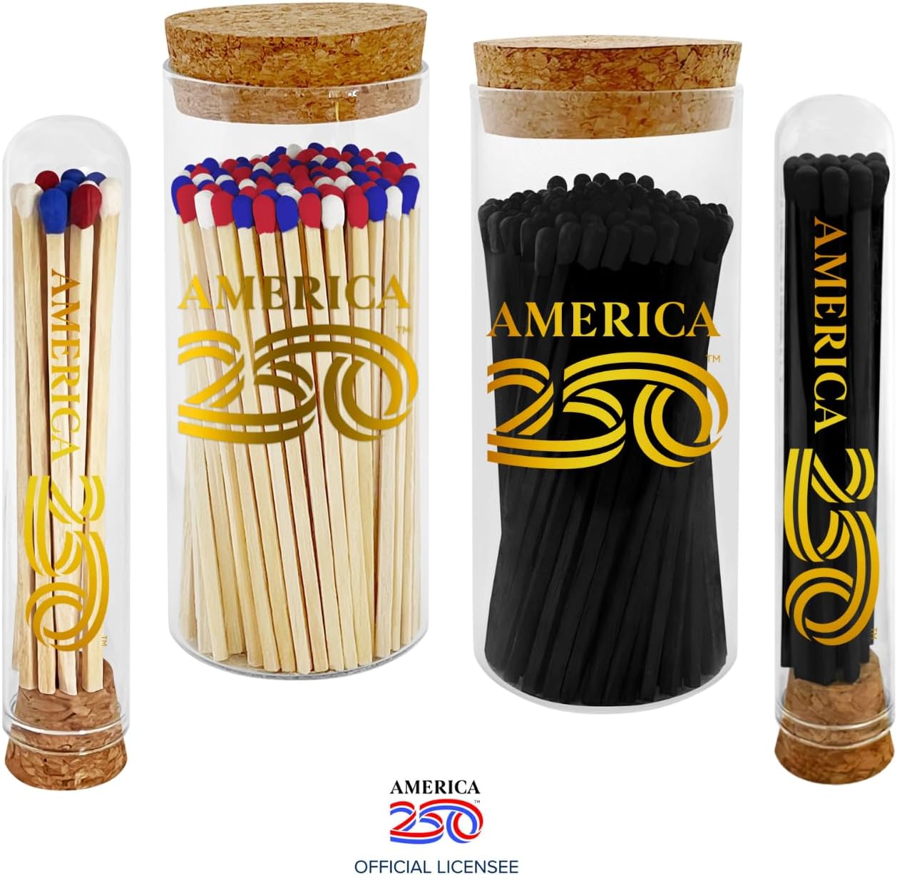 Decorative Matches in a A250 Gold Glass Jar | 4" Red White Blue Long Matches (100 Match Sticks) + Cork Top Glass Holder + Striker Stickers | Gifts, Décor by Thankful Greetings