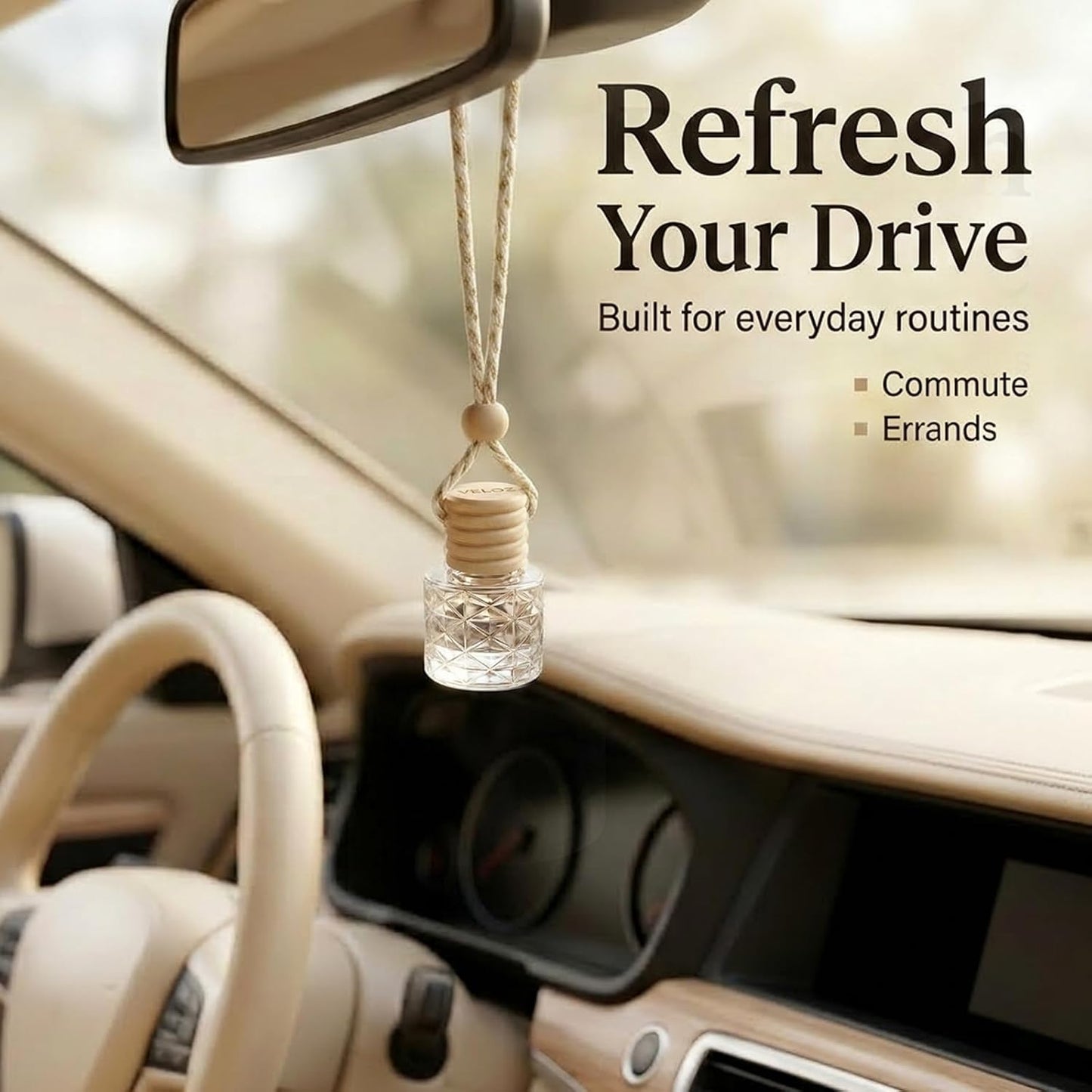 Hanging Car Air Freshener Diffuser, White Jasmine Essential Oil Car Freshener, Rearview Mirror Car Diffuser, Cute Glass Car Accessory for Women, Long Lasting Car Interior Freshener