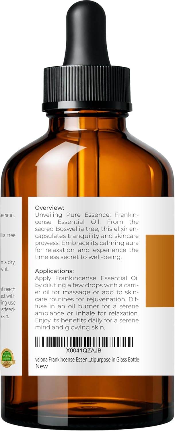 velona Frankincense Essential Oil - 4 oz | Therapeutic Grade | for Aromatherapy Diffuser, Massage, Skincare, Haircare, Soapmaking | Undiluted and Multipurpose in Glass Bottle