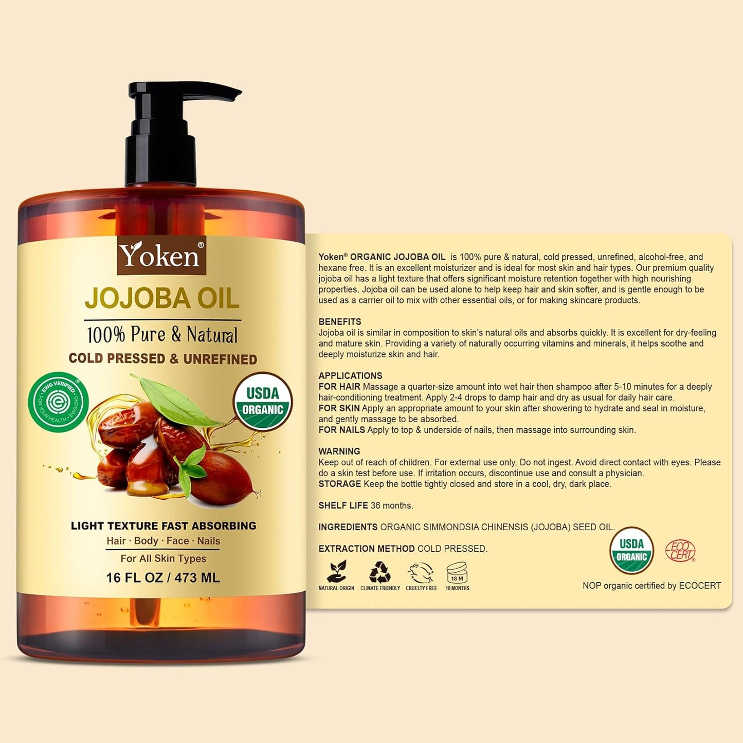 Yoken Pure Jojoba Oil Organic USDA Certified 16 fl oz, 100% Natural Jojoba Oil for Hair, Skin & Face, Cold Pressed Unrefined, Deeply Body Moisturizer Jojoba Carrier Oils for Essential oil Mixing