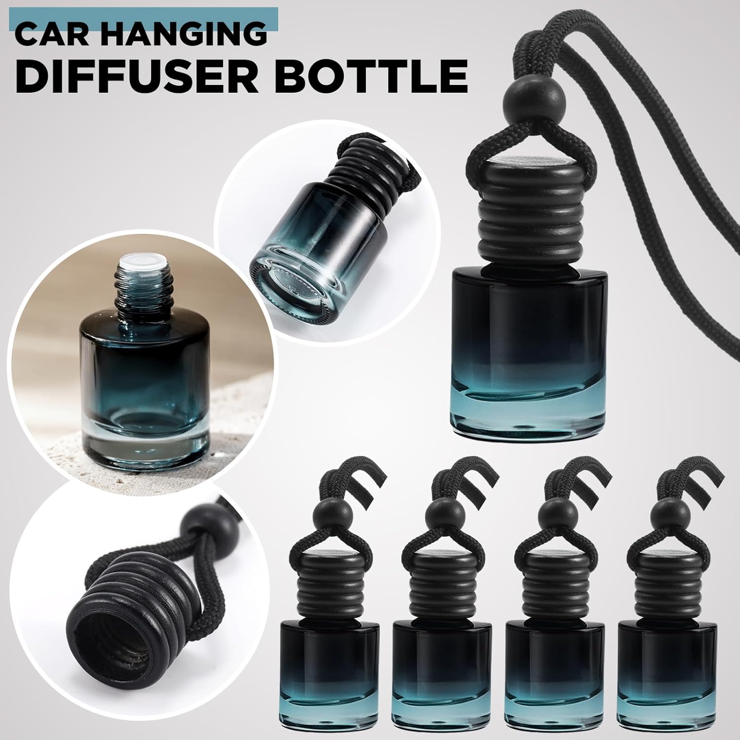 Domensi 30 Pieces Hanging Car Diffuser Air Freshener Bottle Bulk Empty Glass Refillable Perfume Bottles Oil Diffuser Aromatherapy Pendant for Auto Interior Ornaments Decor (Black)