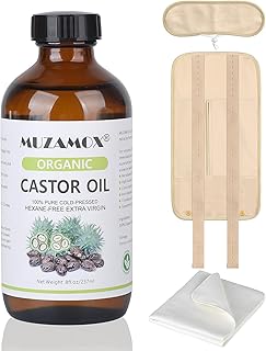 MUZAMOX Castor Oil Pack Wrap & 8fl.oz Glass Bottle Set, Organic Cold-Pressed Unrefined Castor Oil Included