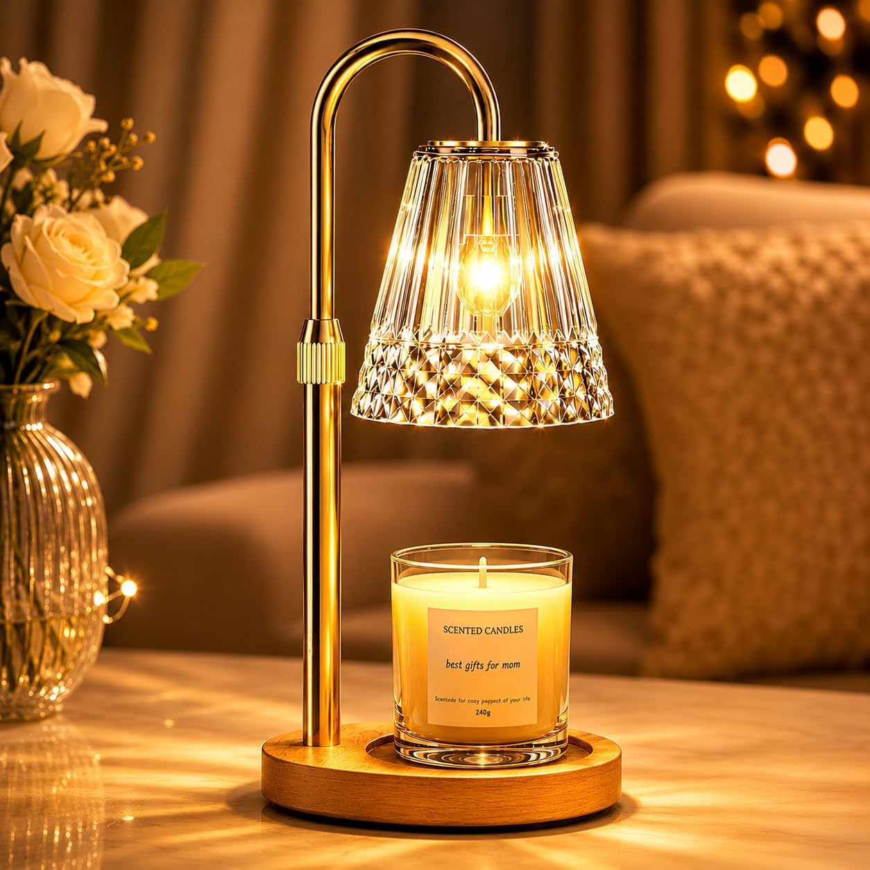 TATAANTY Candle Warmer Lamp with Timer and Dimmer, 4 Brightness Levels, Wooden Base, Mothers Day Gifts, Birthday Gift for Women, Golden, Home Decor Suitable for Bedroom, Offices, Living Rooms