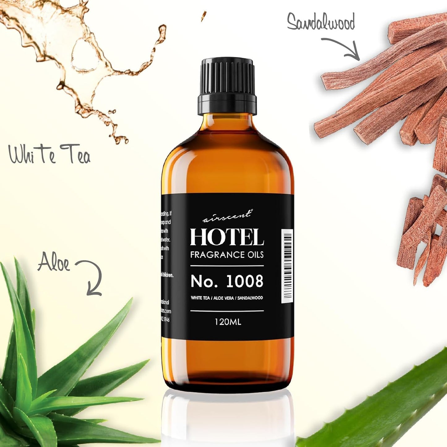 AirScent Hotel Diffuser Oil No. 1008 - White Tea, Aloe Vera & Sandalwood - Hotel Scent Dupe - Premium Fragrance Oil for Ultrasonic and Waterless Diffusers and Crafting - 120 mL, 4 fl oz Glass Bottle