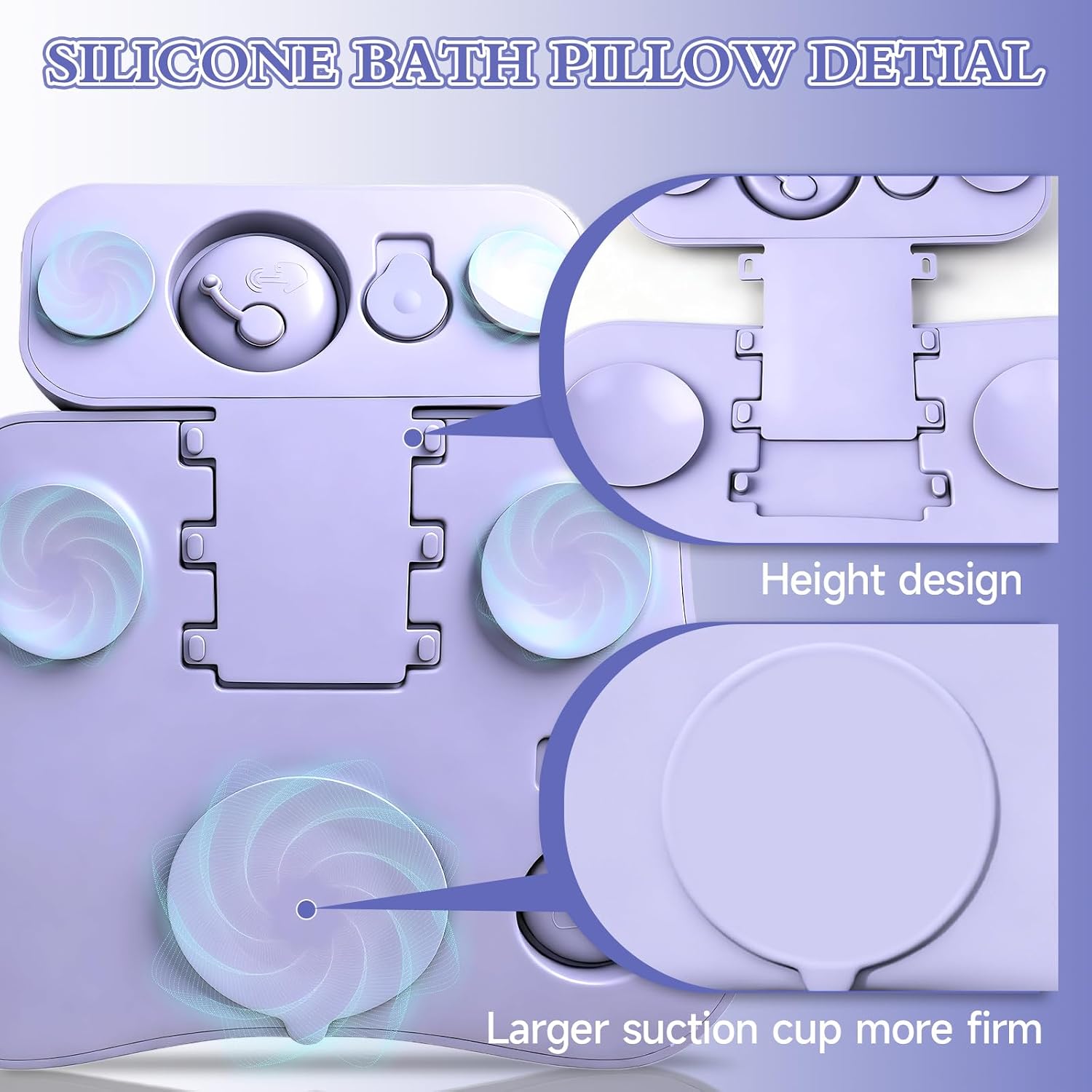 Silicone Bath Pillow, Upgraded Bath Pillows for Tub, Adjustable Height Bathtub Pillow for Head and Neck, 4D Luxury Tub Pillow Skin-Friendly Large Suction Cups Stability, Spa Relaxation-Purple