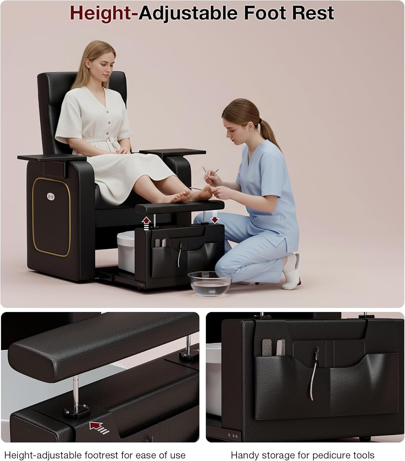 VARONXE Electric Pedicure Chair No Plumbing, Recliner Sofa with Massage for Foot Bath, Pedicure Station for Foot Spa with Tool Pouch for Small Spaces, Black