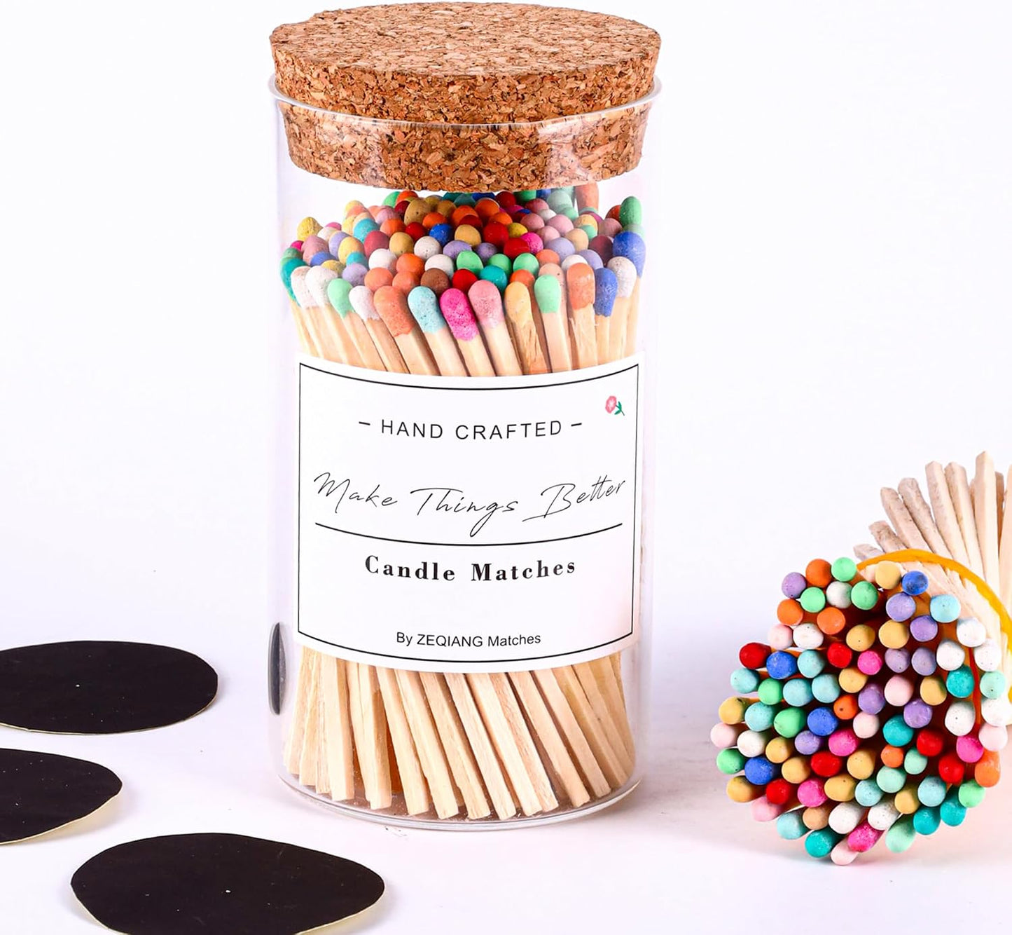150Pcs Rainbow Matches Included, Glass Match Holder with Striker, Match Bottle with Candles Matches, Match in a Jar with Striker, 4'' Colorful Match, Long Wooden Safety Match for Fireplace BBQ