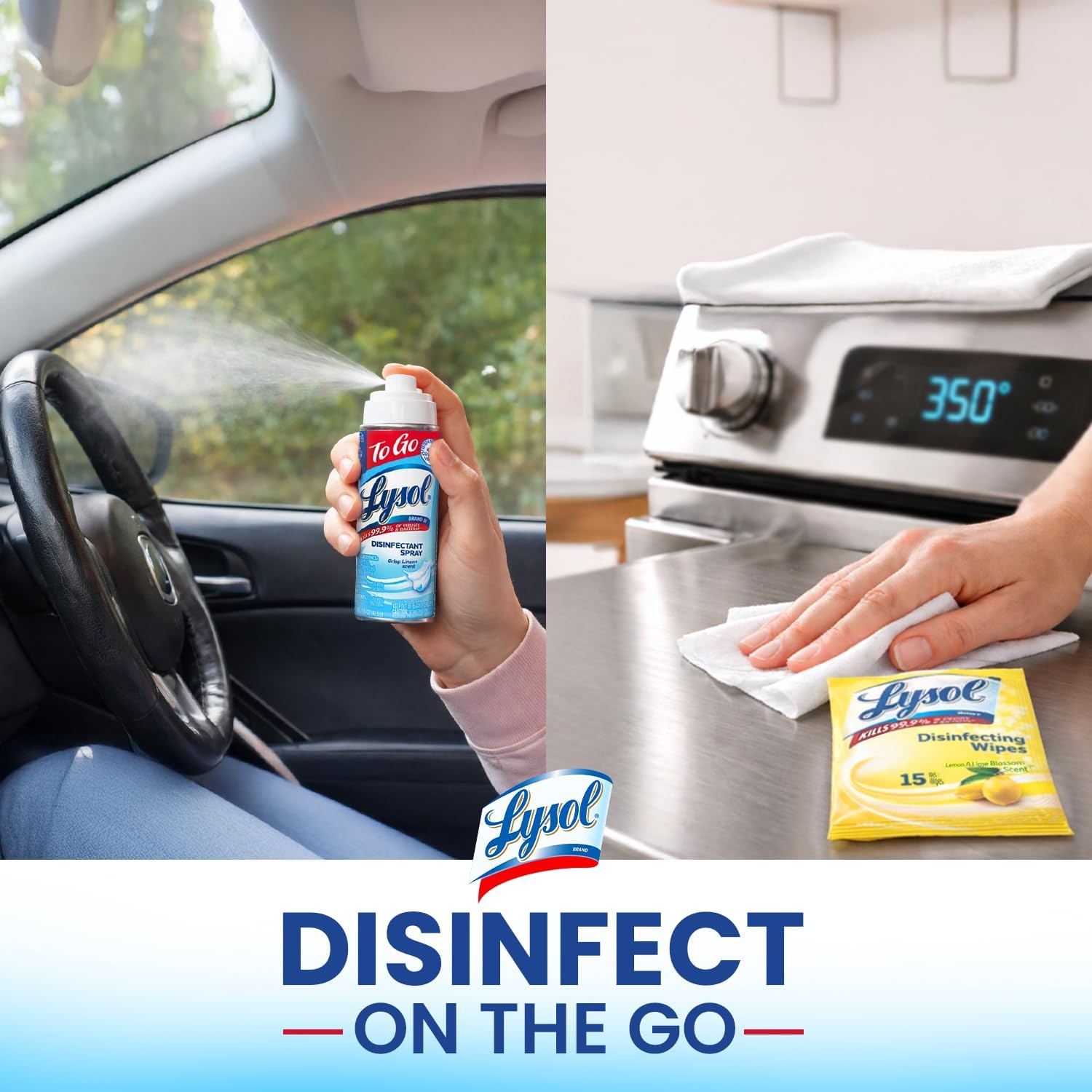Lysol To Go Bundle - 1.5 Ounce Crisp Linen Disinfectant Spray and Lemon Lime Disinfecting Wipes Flat Pack