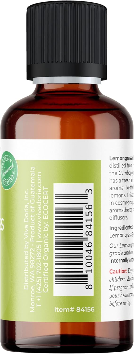 Viva Doria Lemongrass Essential Oil, USDA Certified, Organic Lemongrass Oil, 100% Pure, Natural Essential Oil, Undiluted, for Aromatherapy | Food Grade, 30 mL (1 Fluid Ounce)