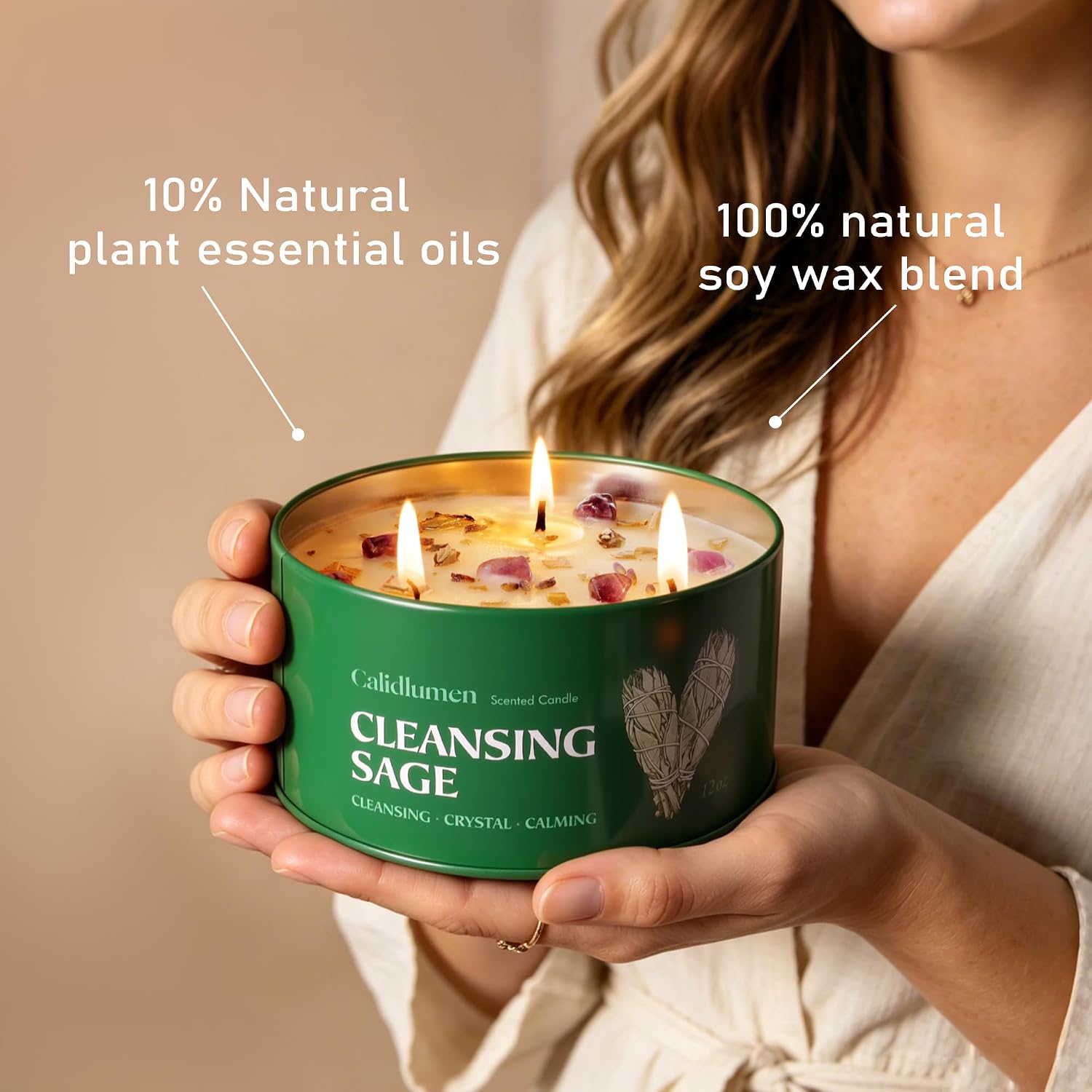 Sage Candle for Cleansing - 3 Wick 24 oz 2PC Soy Candle with Crystal and White Sage Crumbles, Organic Sage Candles Cleansing House Negative Energy