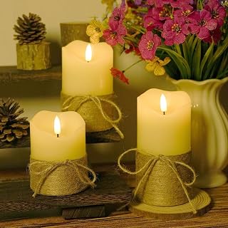 Flameless Candles with Remote Timer-3D Flickering Hemp Rope LED Candles Set of 3(4”/5”/6”, Battery Powered for Home/Wedding/Party/Table Decorations