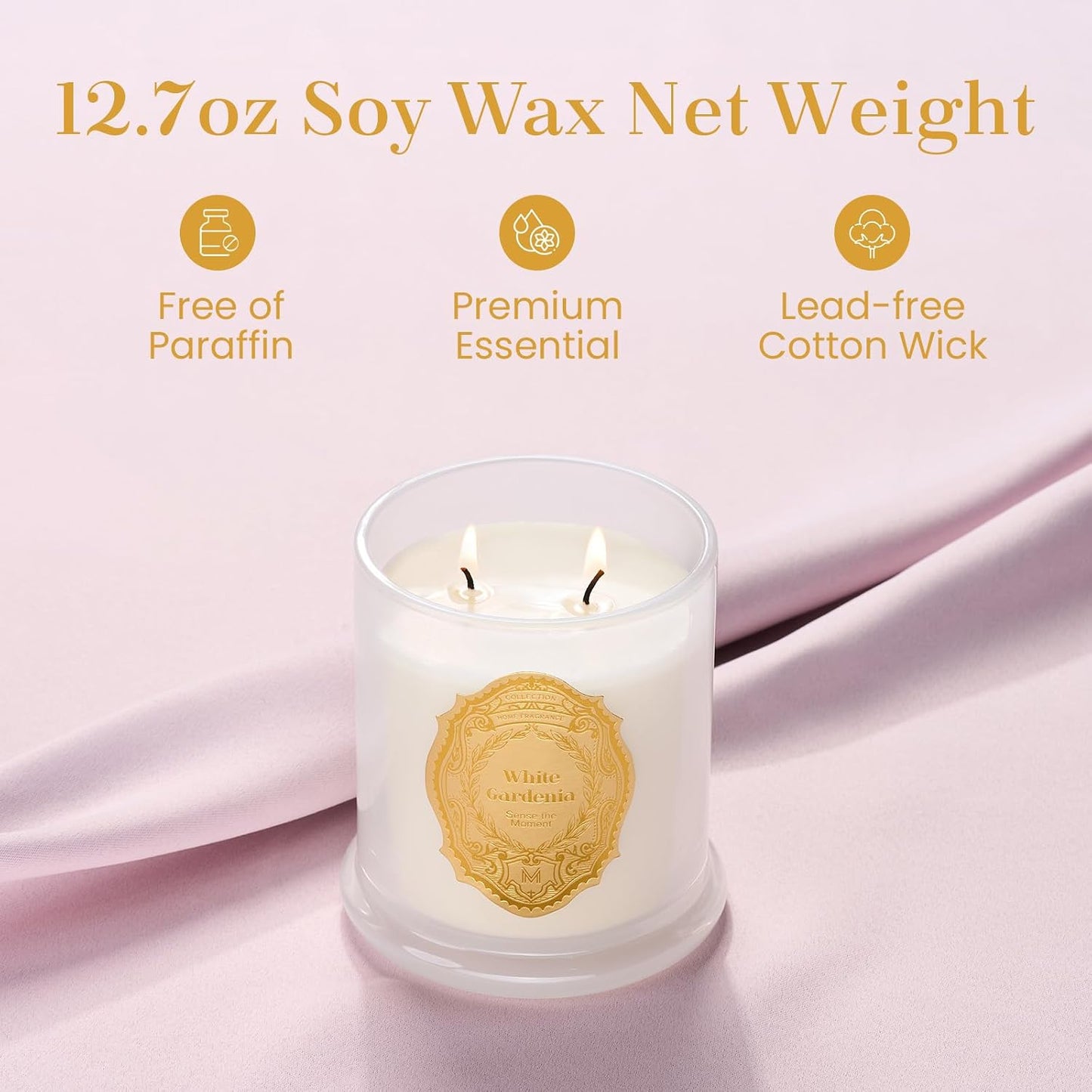 M&SENSE White Gardenia Candles for Home Scented, 2 Wick 12.7oz Soy Wax Candles 70 Hours Long Burning, Non Toxic Candles Gift for Stress Relief, Meditation, Yoga