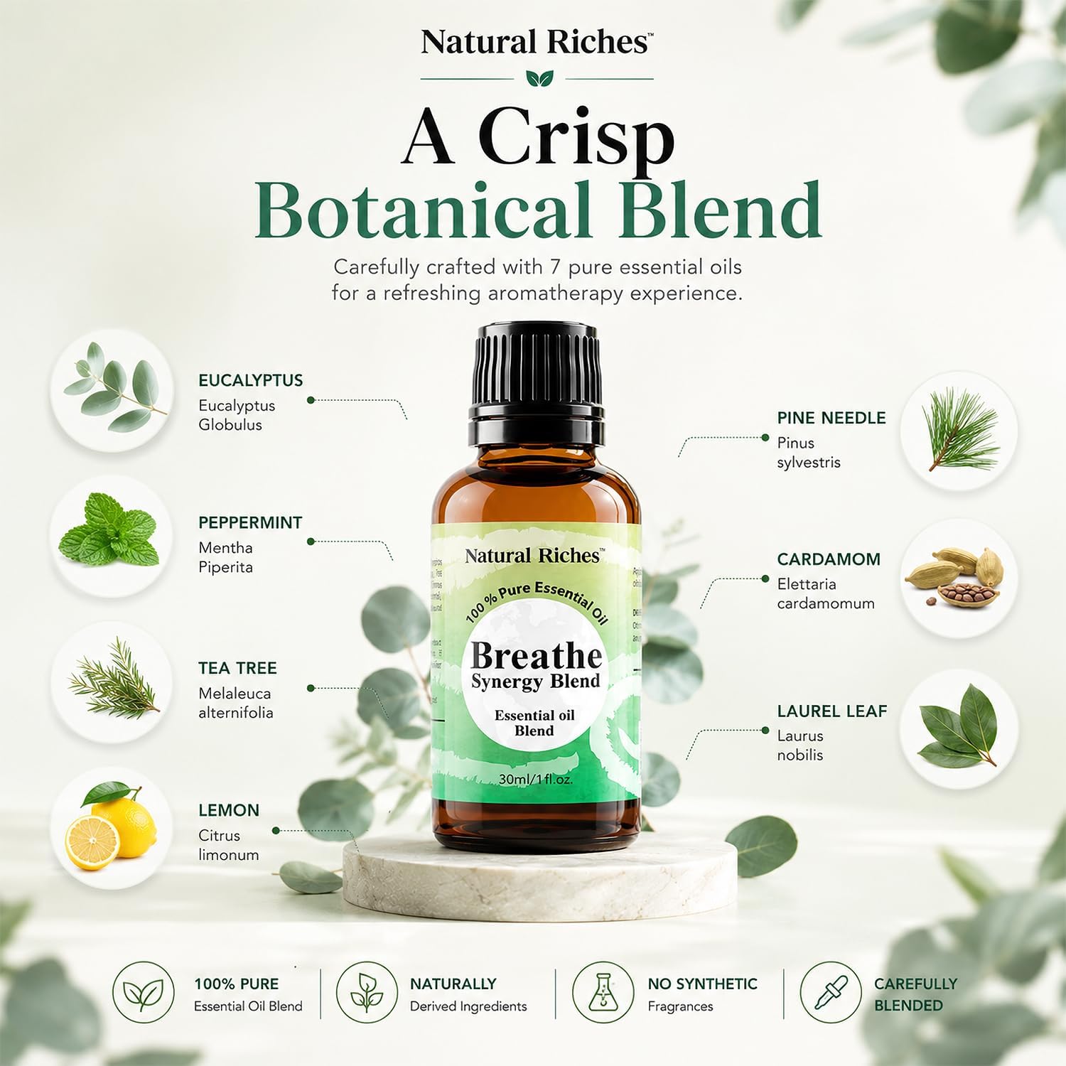 Natural Riches Breathe Essential Oil Blend Breathe Easy with Peppermint Eucalyptus Tea Tree Lemon Cardamom Pine Needle Essential Oils - 30 ml