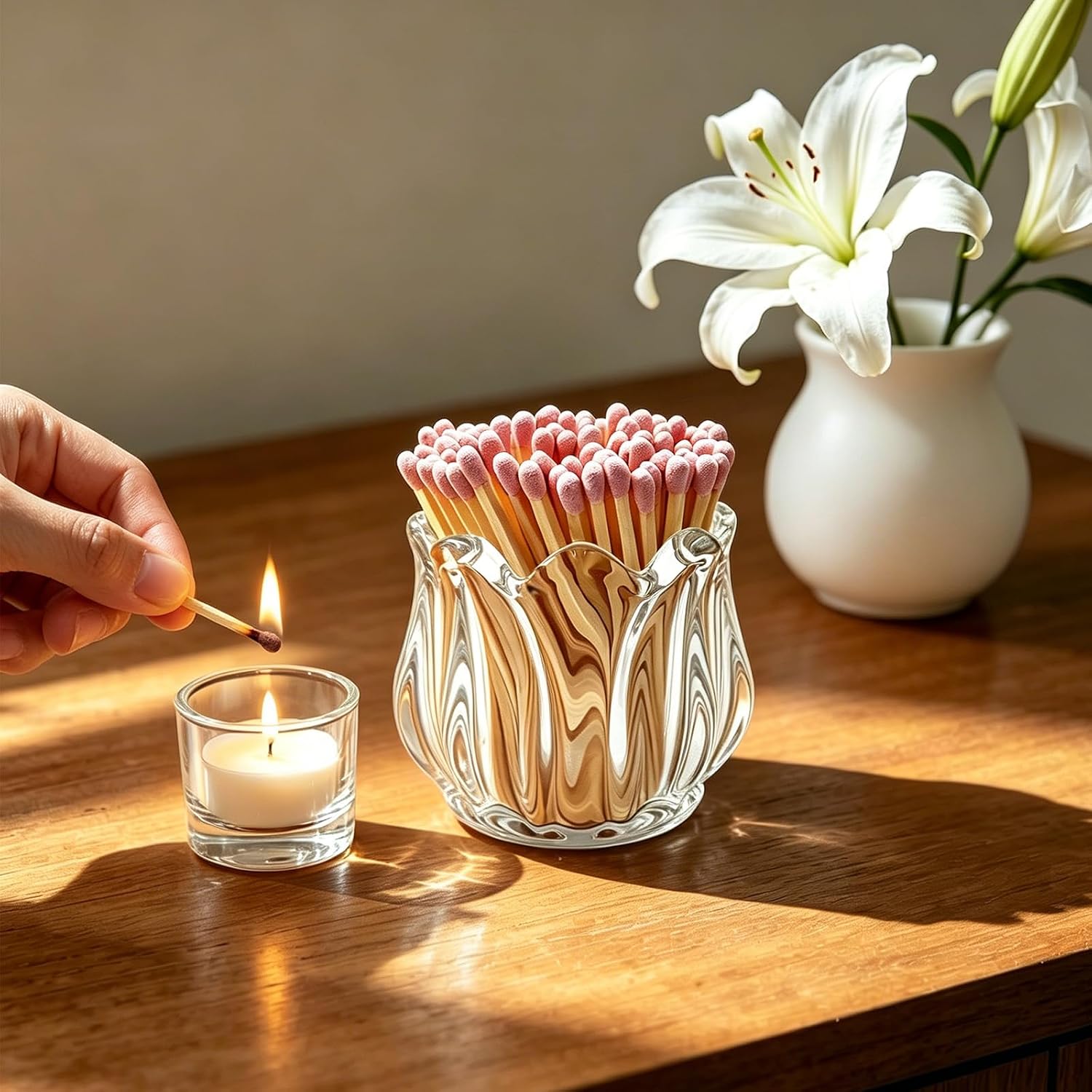 Match Holder with Striker x 4 Cute Glass Match Box Lily Flower Shape Match Jar for Candles Fireplace Kitchen Home Bathroom Decor - Matches Not Included