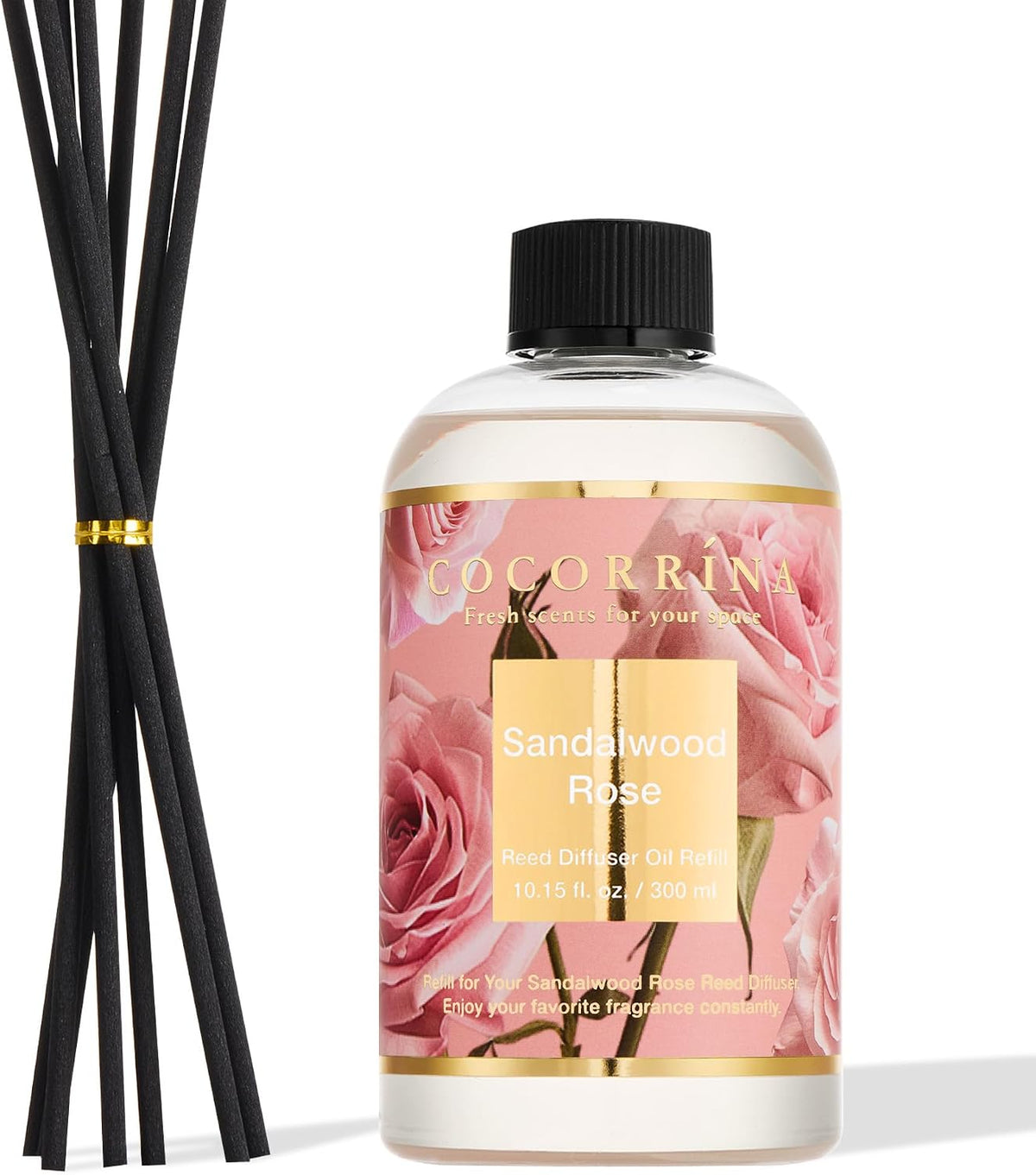 Cocorrína Reed Diffuser Refill Sandalwood Rose 10.15oz (300ml) with 8 Sticks - Premium Long-Lasting Floral Essential Oil, Home Fragrance for Bedroom, Bathroom Home Decor