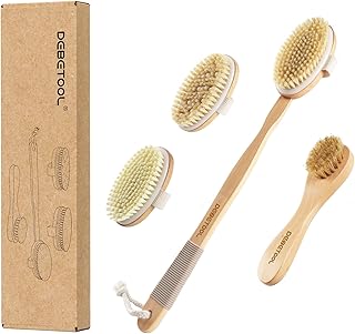 DEBETOOL Dry Brushing Set - Natural Boar Bristle Body & Face Brush, Wooden Long Handle Scrub Brush for Cellulite & Lymphatic Drainage Body Care, Detachable, 3 Brush Heads