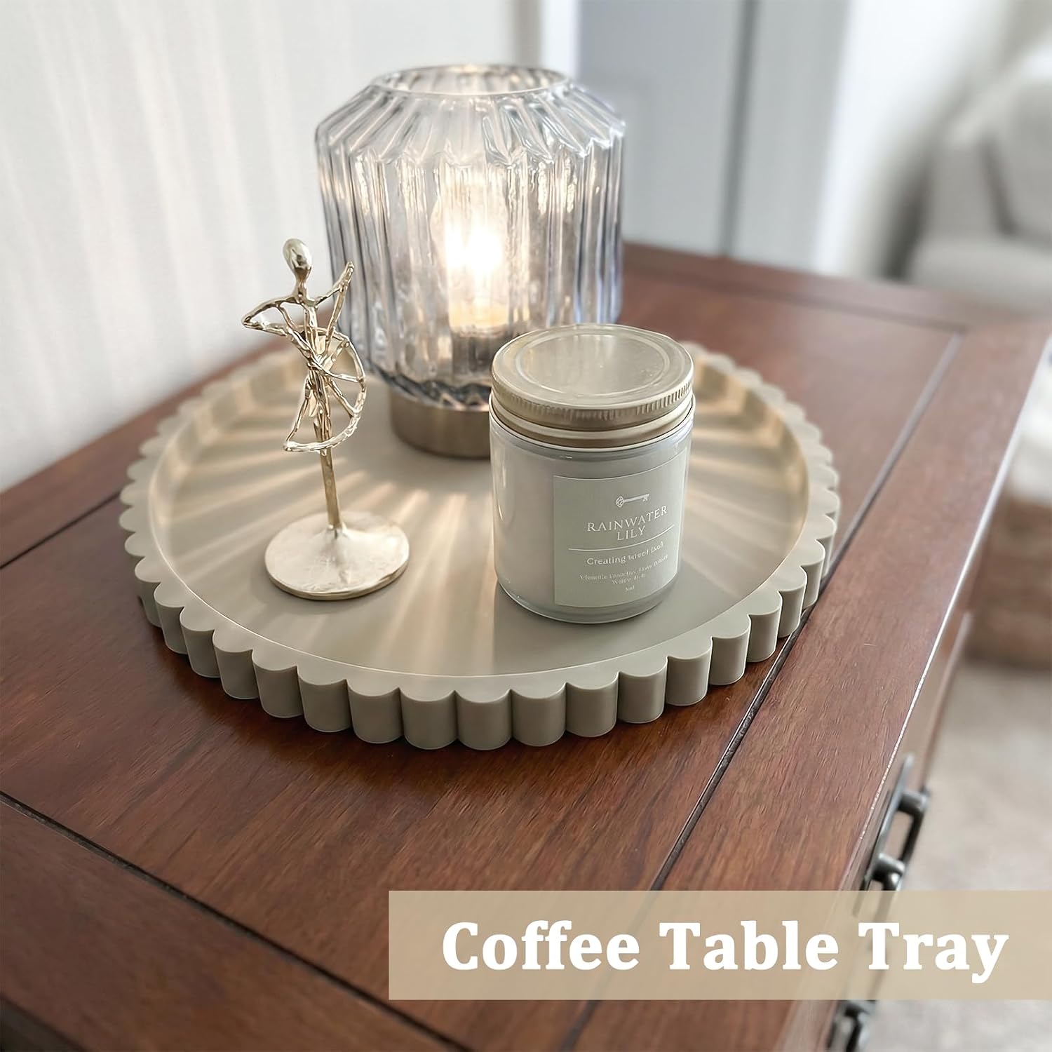 Silicone Bathroom Vanity Tray, Modern Round Decorative Tray for Countertop, Waterproof & Unbreakable Cosmetic Perfume Organizer, Extra-Thick & Sturdy, Easy to Clean Candle Tray (9 Inch, Khaki)