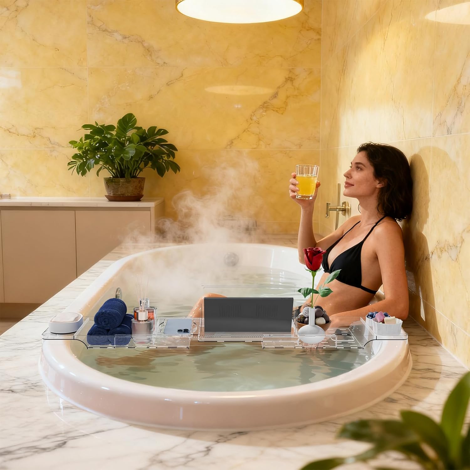 Yieach Luxury Clear Bathtub Shelf Across Tub,Expandable Plastic Bathtub Tray Over The Tub Bath Caddy,Free Standing Bath Table Board & Accessories for Women Relaxing with Reading Book and Ipad Holder