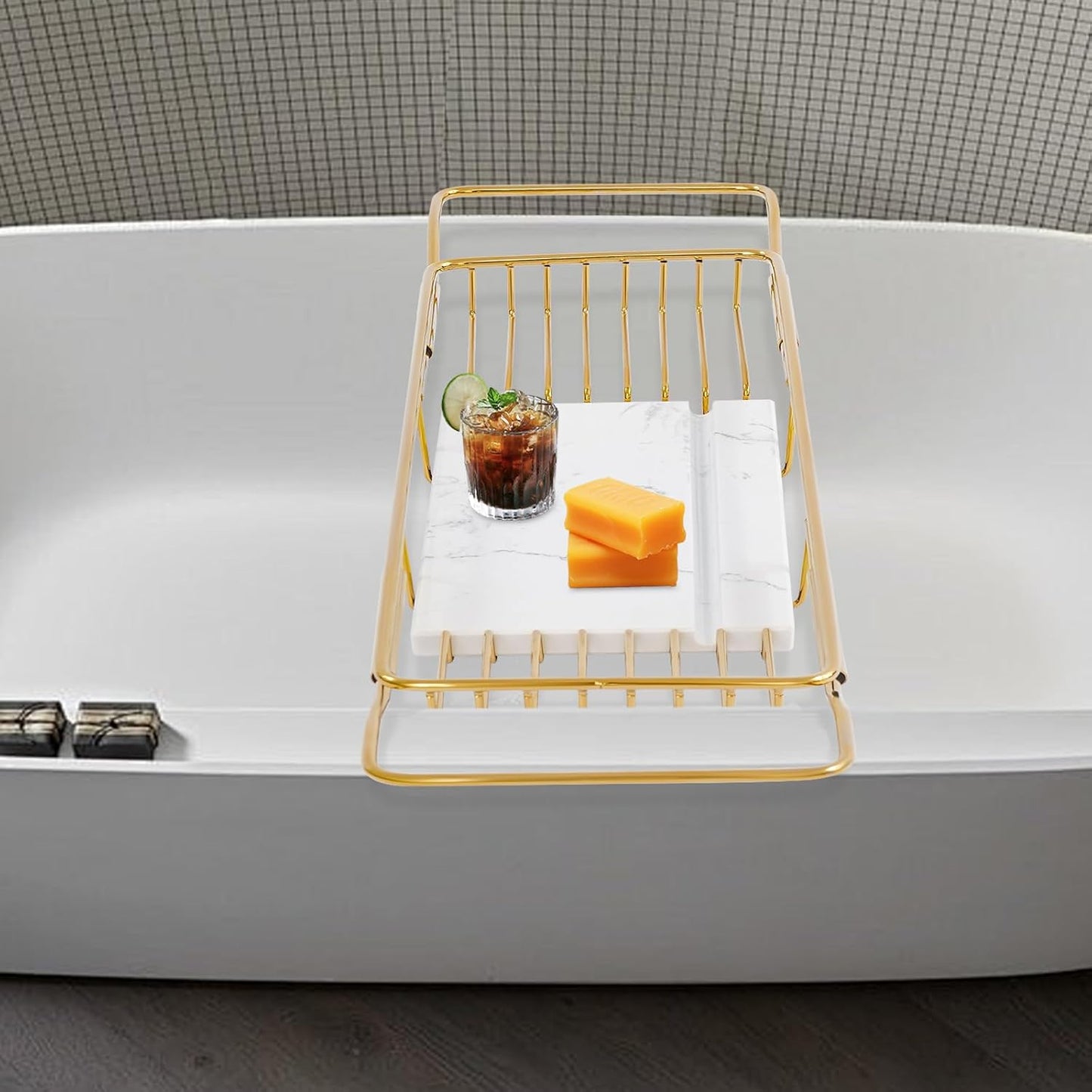 Stainless Steel Bathtub Tray, Expandable Marble Bath Tray for Tub, 44.09 lbs Capacity Bath Caddy for Bathtub Bathroom Accessories for Home Spa (Gold + White)