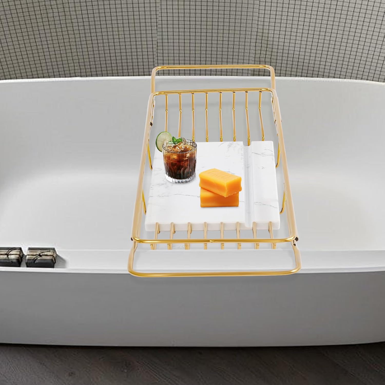 Stainless Steel Bathtub Tray, Expandable Marble Bath Tray for Tub, 44.09 lbs Capacity Bath Caddy for Bathtub Bathroom Accessories for Home Spa (Gold + White)