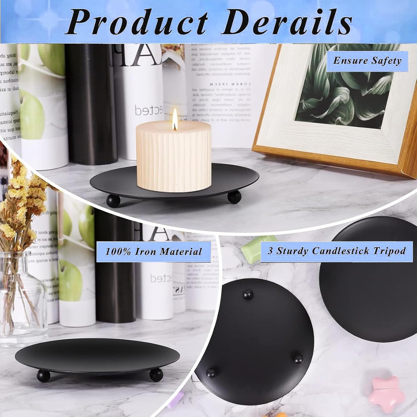 8PCS Black Candle Holder Iron Plate, 4'' Stand for LED & Wax Candles, Decorative Pillar Plate for Incense Cones, Spa, Weddings, Party
