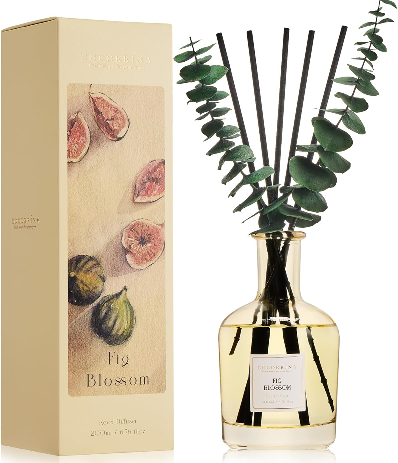 COCORRÍNA Fig Blossom Reed Diffuser – 6.76 oz Essential Oil with 8 Reeds & Real Eucalyptus Sticks, Home Fragrance for Bedroom or Bathroom Décor