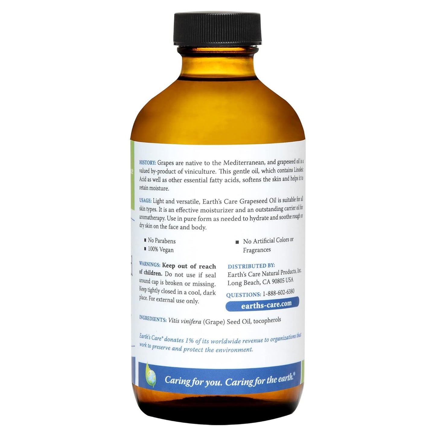 Earth's Care Grapeseed Oil - Natural, Expeller Pressed, for Skin and Hair - Lightweight Body Oil for Dry Skin, Glass Bottle, 8 FL. OZ.