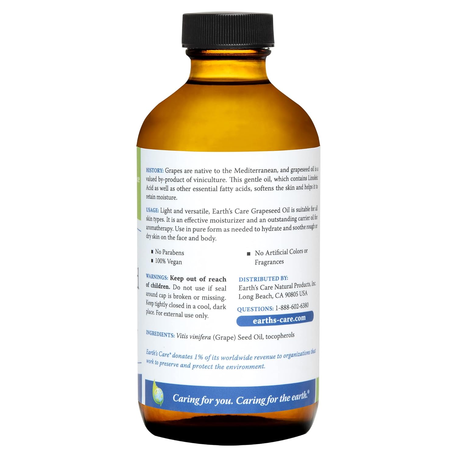 Earth's Care Grapeseed Oil - Natural, Expeller Pressed, for Skin and Hair - Lightweight Body Oil for Dry Skin, Glass Bottle, 8 FL. OZ.