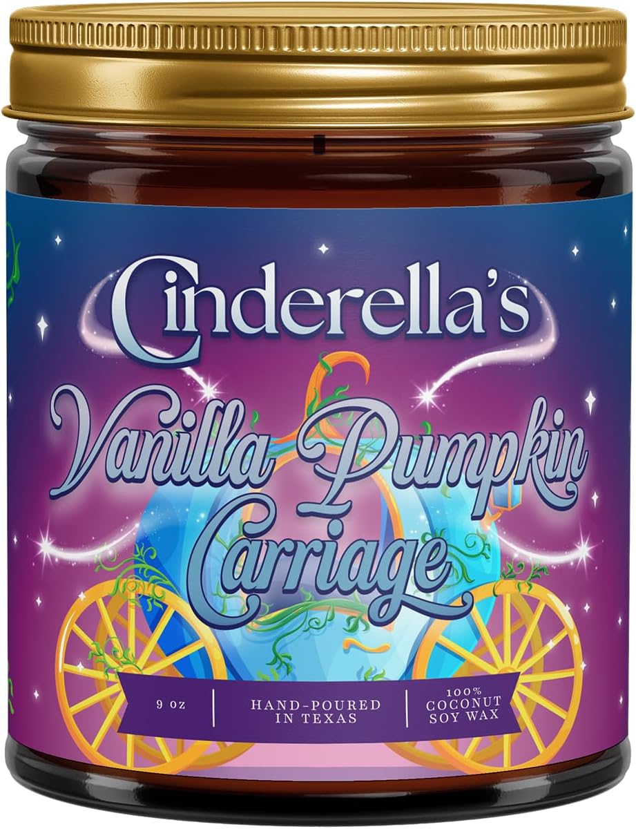 Fantaswick's Cinderella's Vanilla Pumpkin Carriage Scented Candle | 100% Natural Coconut Soy Wax & Cotton Wick in Amber Candle Jar | Hand-Poured in Texas | 9oz